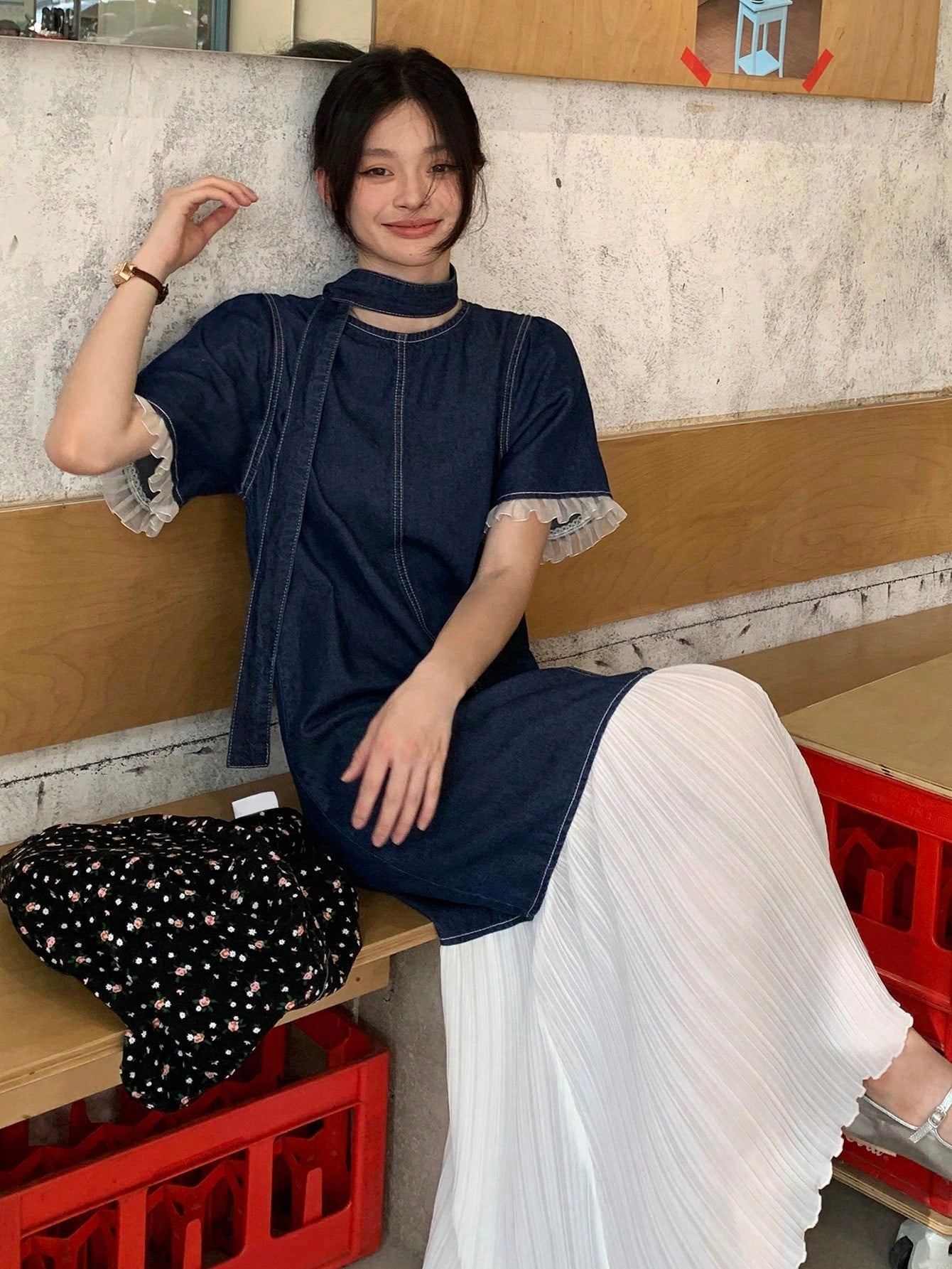 CM-DS858580 Women Casual Seoul Style Round Neck Short Sleeve Colorblock Patchwork Denim Dress - Blue