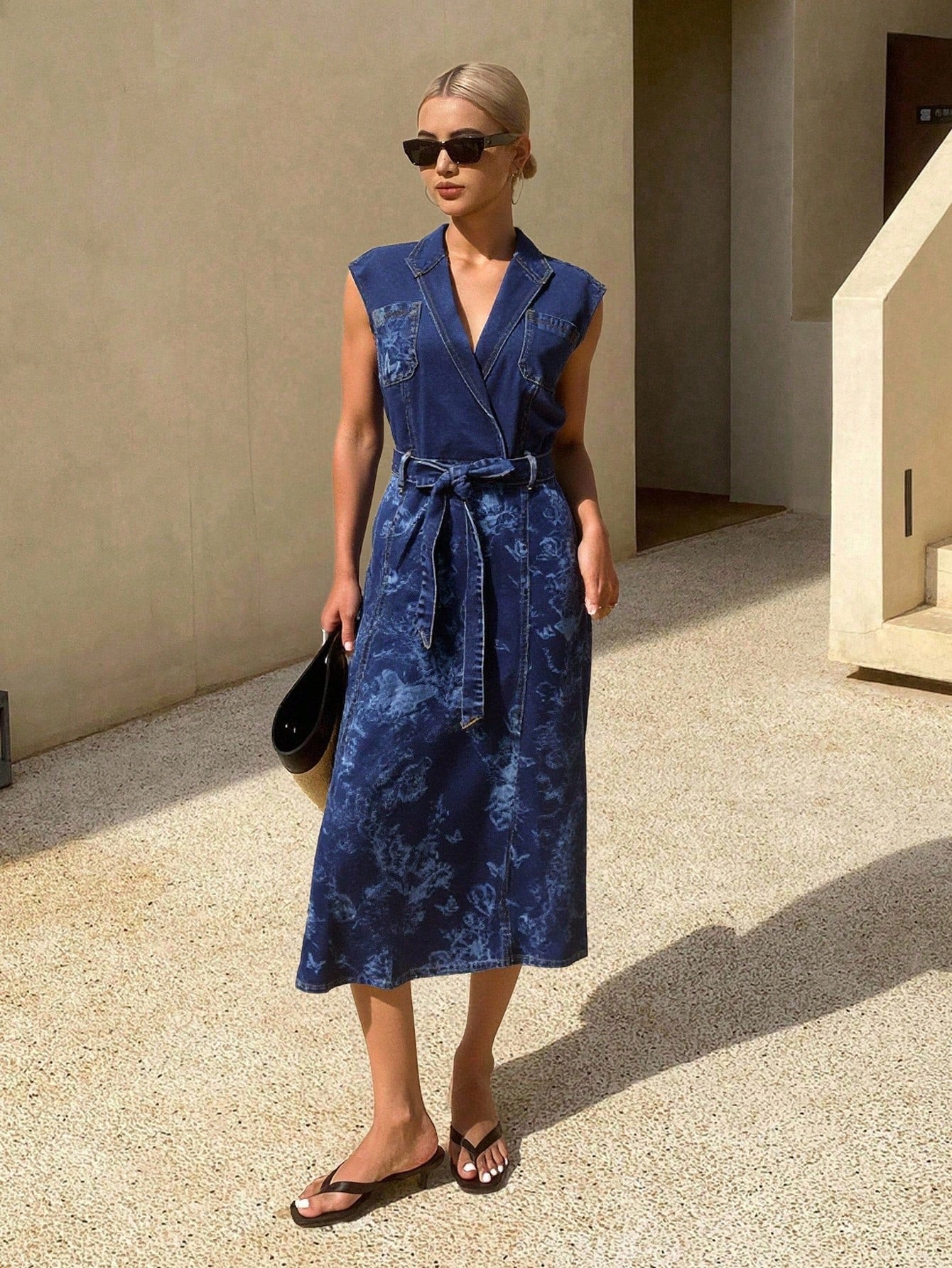 CM-DS099692 Women Casual Seoul Style Floral Print Embroidery Butterfly Loose Sleeveless Long Denim Dress With Waist Belt