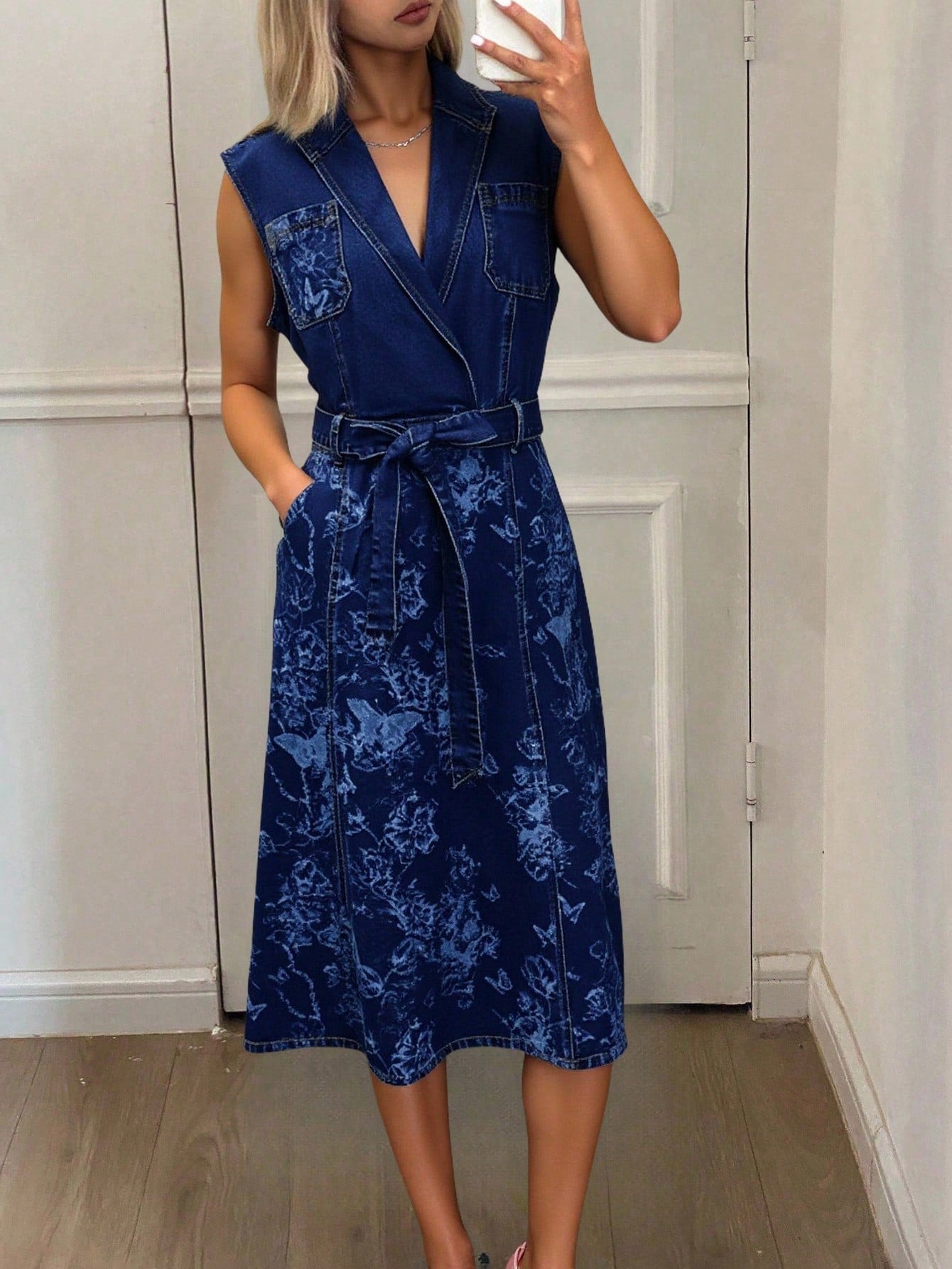 CM-DS099692 Women Casual Seoul Style Floral Print Embroidery Butterfly Loose Sleeveless Long Denim Dress With Waist Belt
