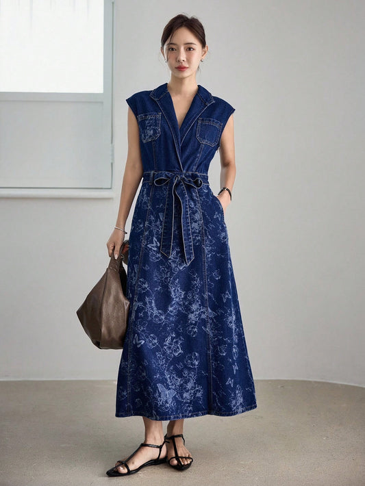 CM-DS099692 Women Casual Seoul Style Floral Print Embroidery Butterfly Loose Sleeveless Long Denim Dress With Waist Belt