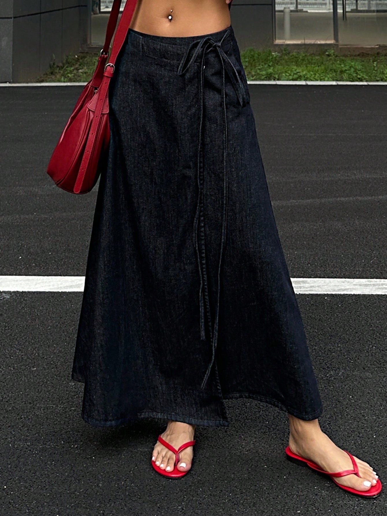 CM-BS327432 Women Casual Seoul Style Mid Waist Wrap Around Tie Knot Maxi Denim Skirt - Blue