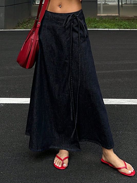 CM-BS327432 Women Casual Seoul Style Mid Waist Wrap Around Tie Knot Maxi Denim Skirt - Blue
