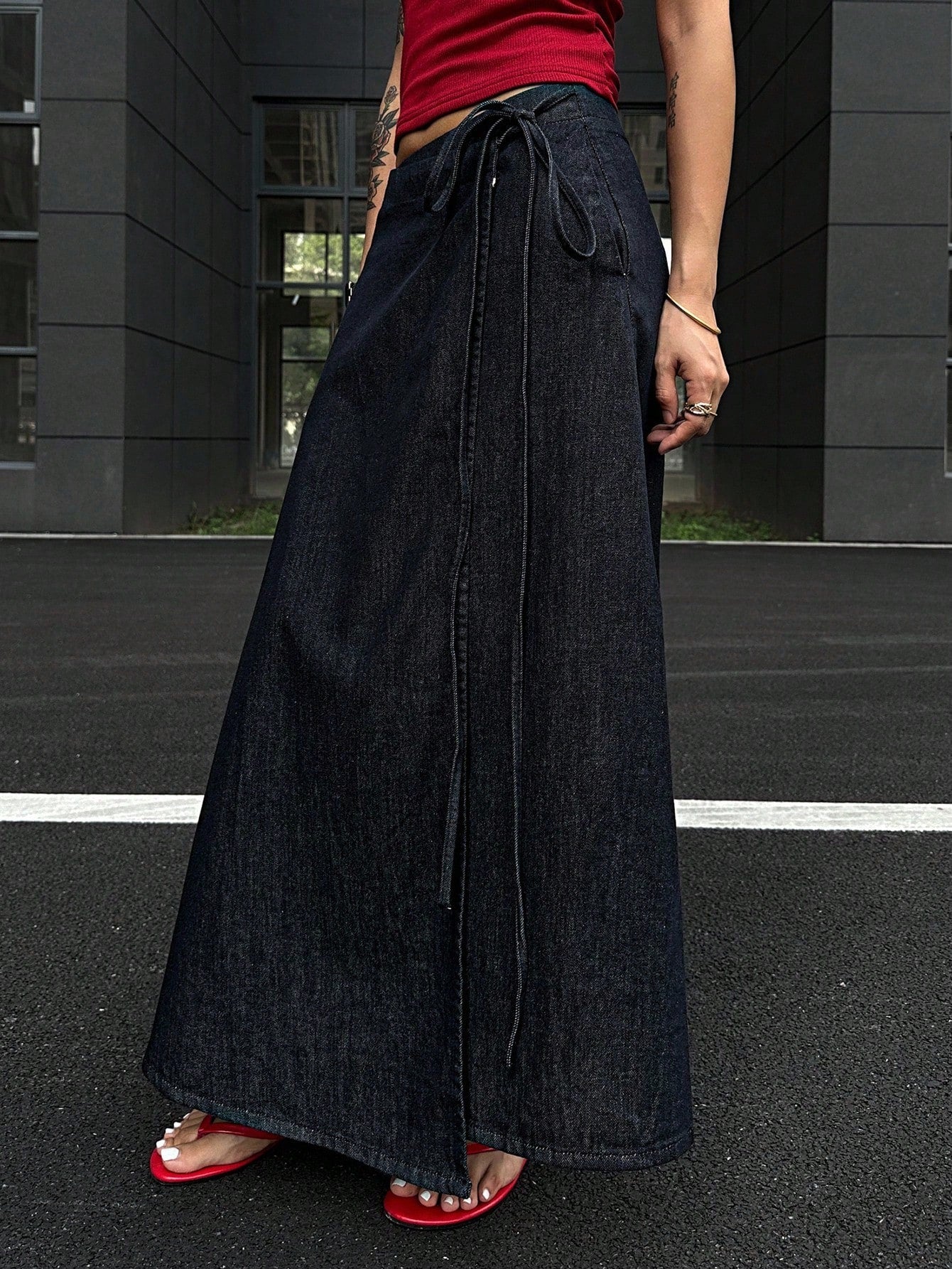 CM-BS327432 Women Casual Seoul Style Mid Waist Wrap Around Tie Knot Maxi Denim Skirt - Blue