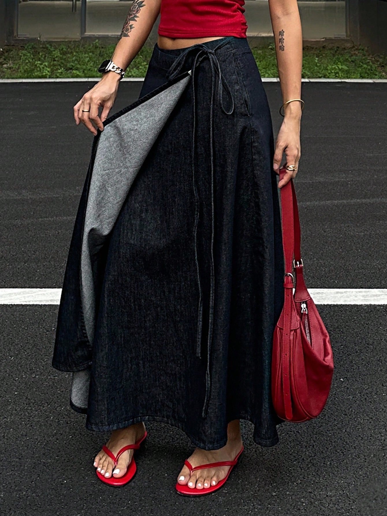 CM-BS327432 Women Casual Seoul Style Mid Waist Wrap Around Tie Knot Maxi Denim Skirt - Blue