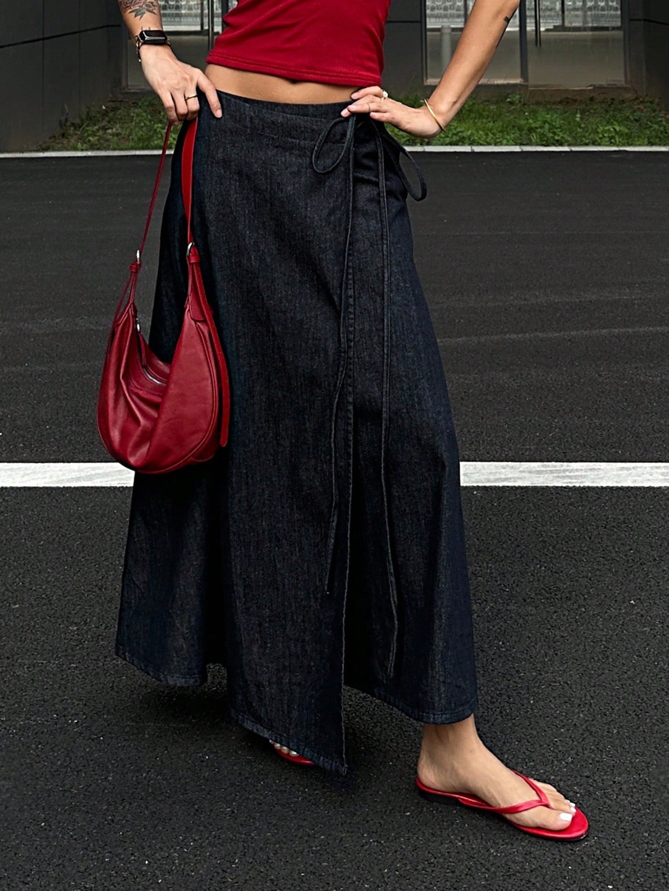 CM-BS327432 Women Casual Seoul Style Mid Waist Wrap Around Tie Knot Maxi Denim Skirt - Blue