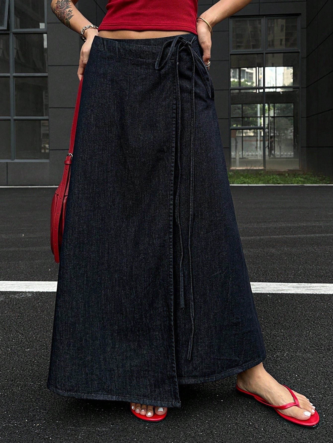 CM-BS327432 Women Casual Seoul Style Mid Waist Wrap Around Tie Knot Maxi Denim Skirt - Blue
