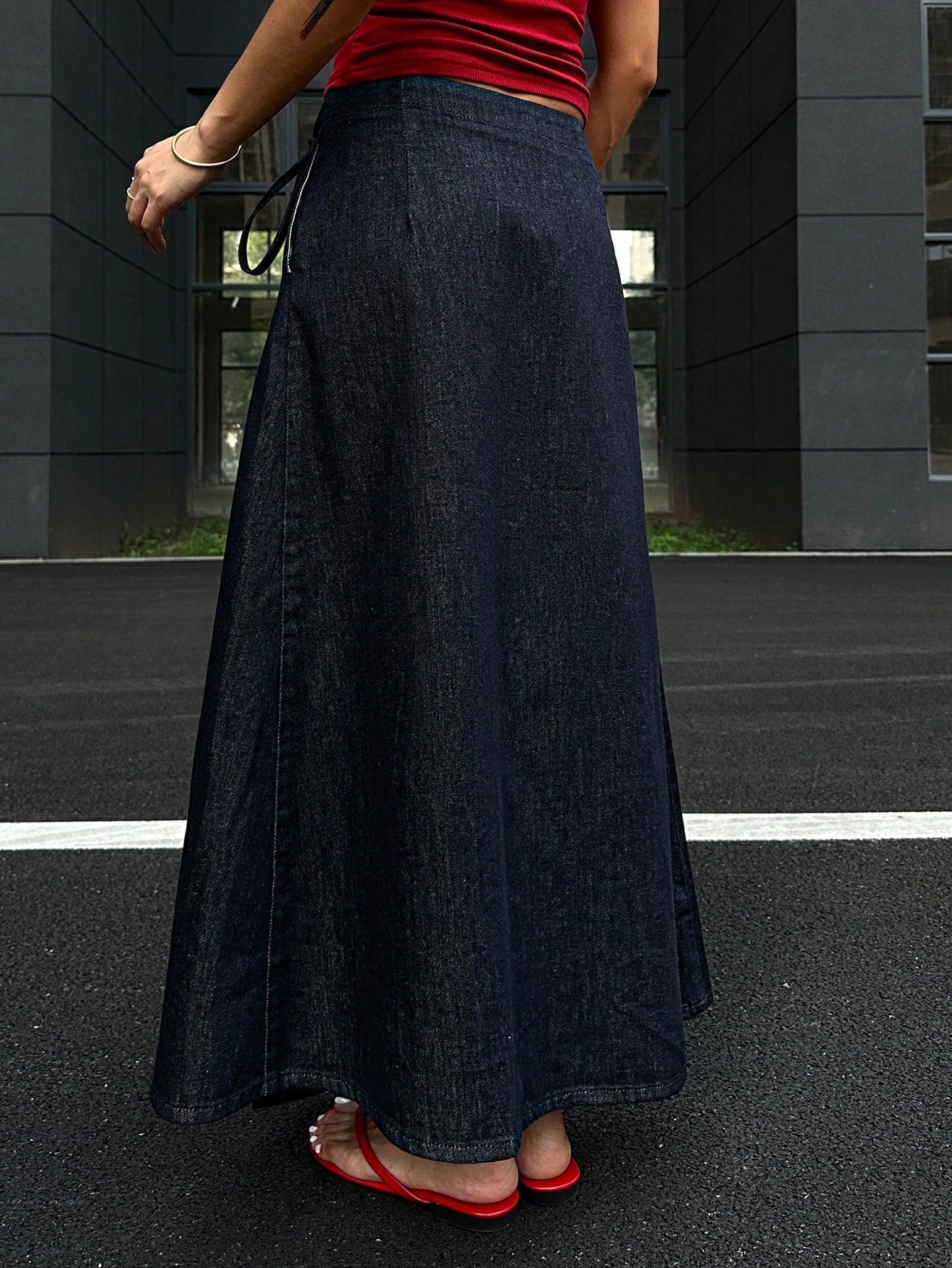 CM-BS327432 Women Casual Seoul Style Mid Waist Wrap Around Tie Knot Maxi Denim Skirt - Blue