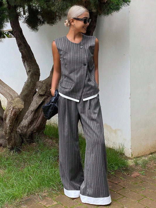 CM-SS582979 Women Casual Seoul Style Contrast Color Striped V-Neck Sleeveless Vest With Wide Leg Pants - Set