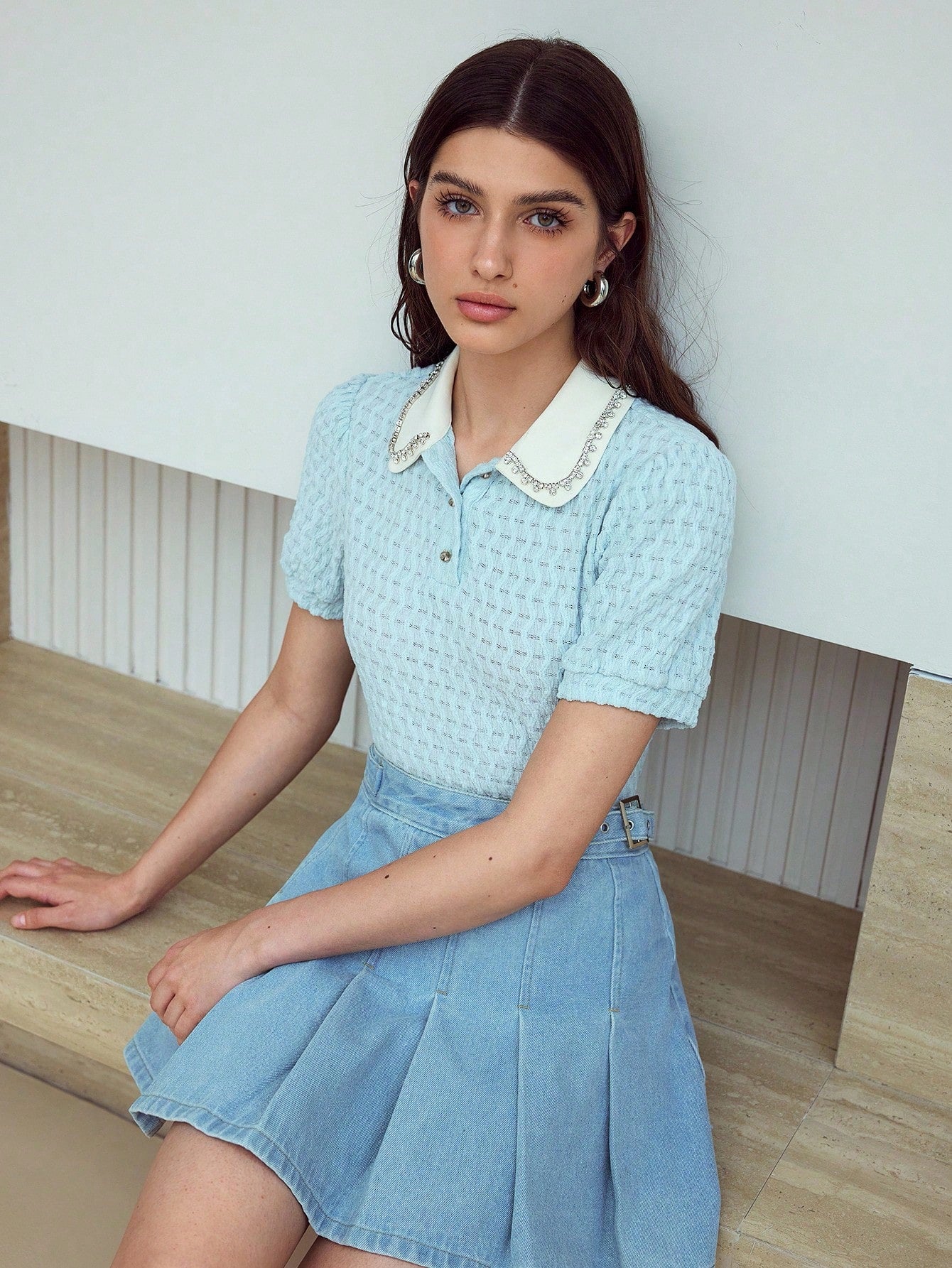 CM-TS356437 Women Casual Seoul Style Textured Rhinestone Detail Collar Neckline Short Sleeve T-Shirt - Baby Blue