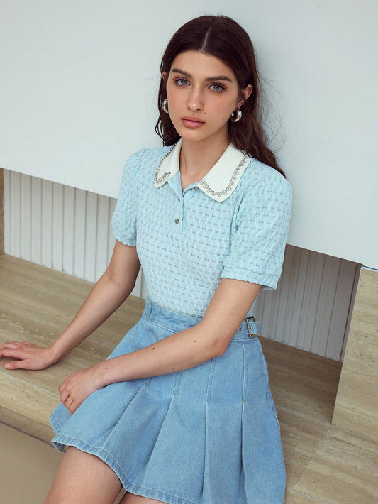 CM-TS356437 Women Casual Seoul Style Textured Rhinestone Detail Collar Neckline Short Sleeve T-Shirt - Baby Blue