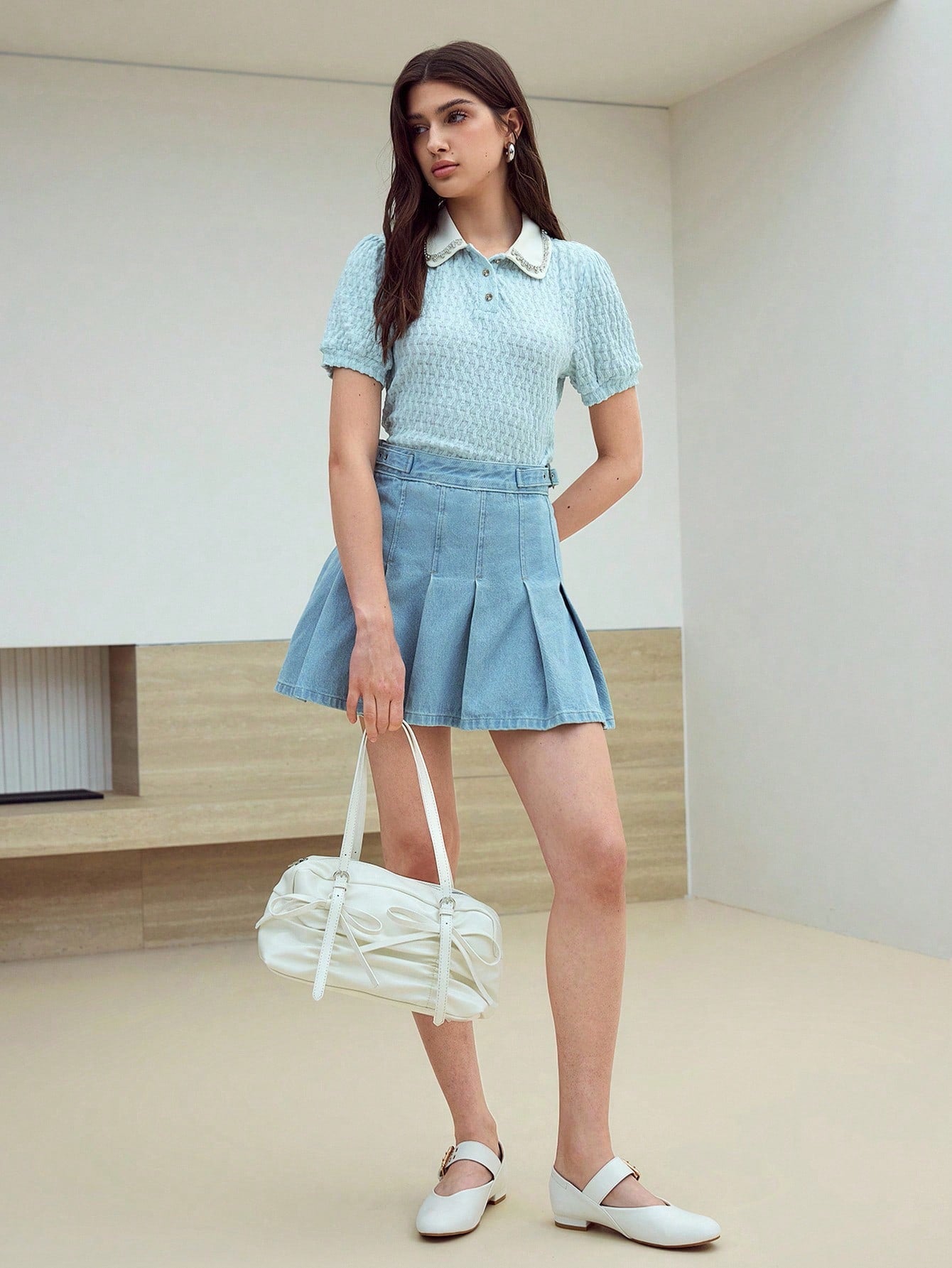 CM-TS356437 Women Casual Seoul Style Textured Rhinestone Detail Collar Neckline Short Sleeve T-Shirt - Baby Blue