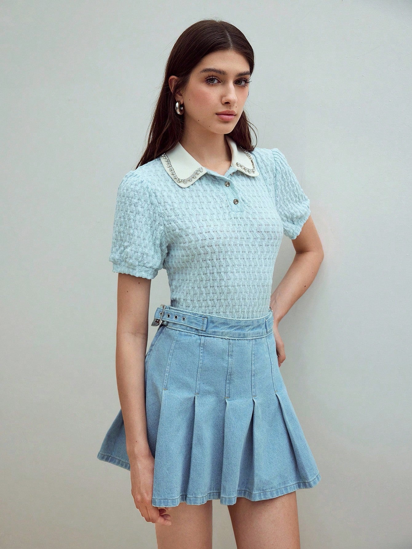 CM-TS356437 Women Casual Seoul Style Textured Rhinestone Detail Collar Neckline Short Sleeve T-Shirt - Baby Blue