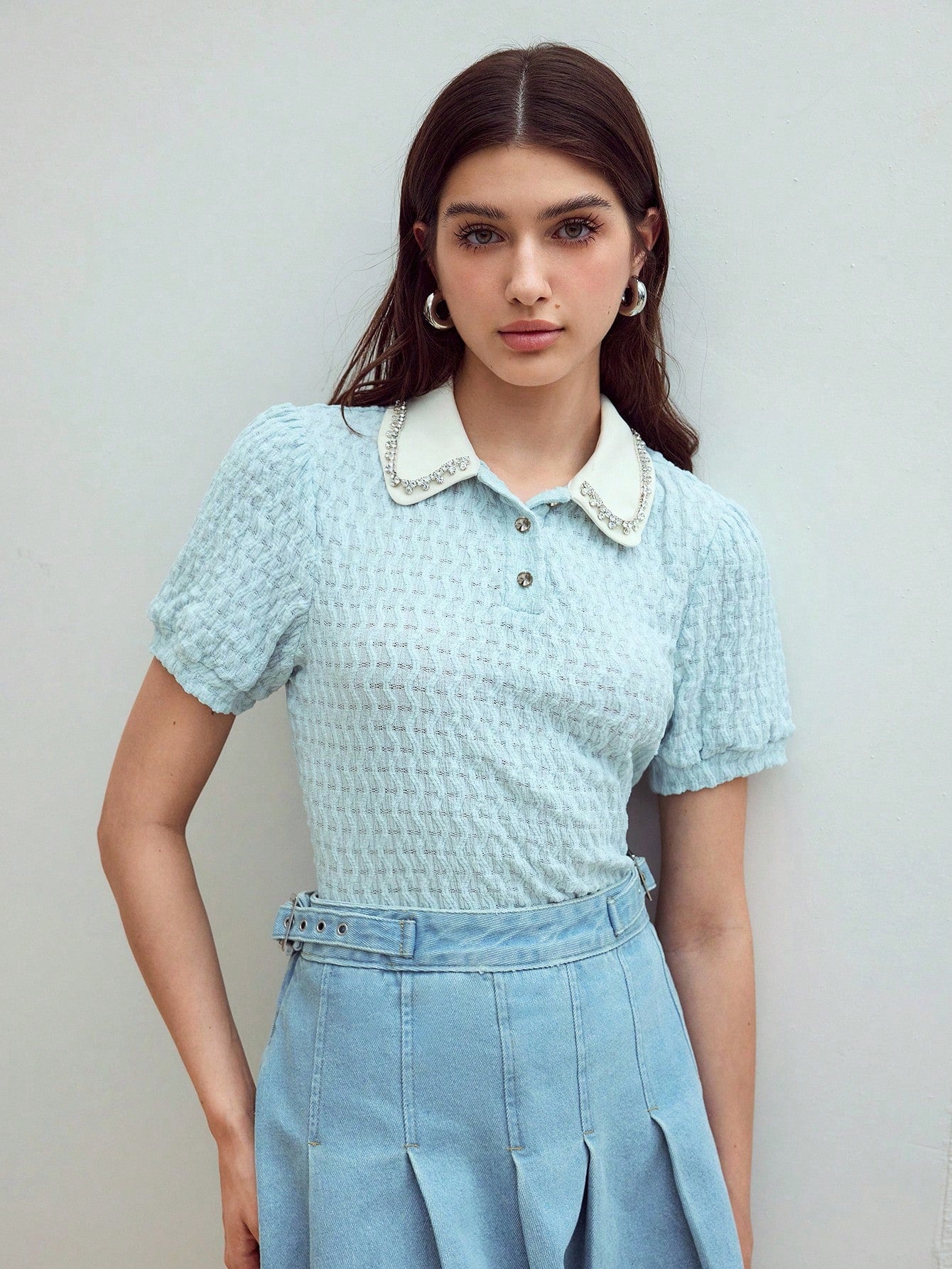 CM-TS356437 Women Casual Seoul Style Textured Rhinestone Detail Collar Neckline Short Sleeve T-Shirt - Baby Blue