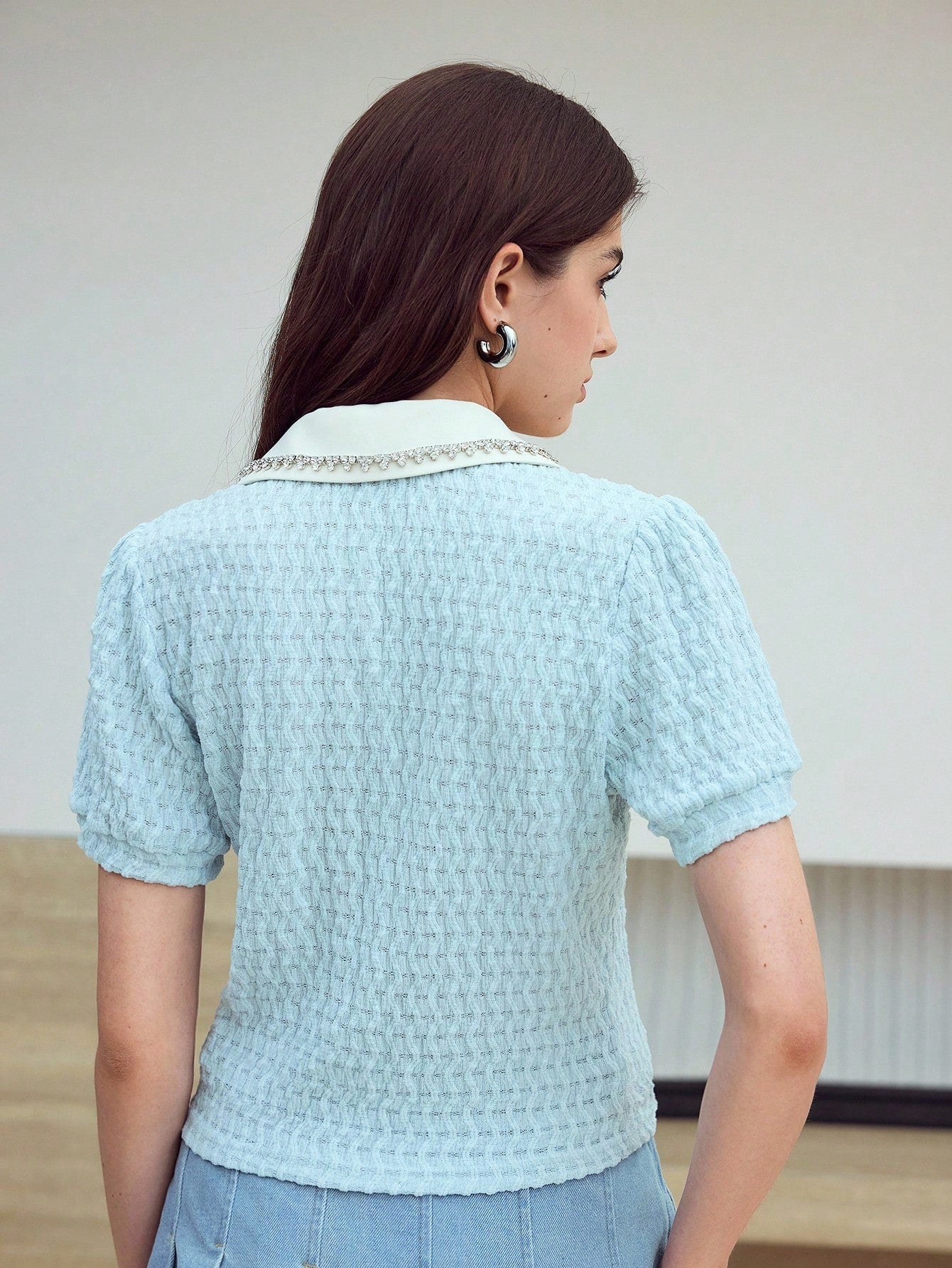 CM-TS356437 Women Casual Seoul Style Textured Rhinestone Detail Collar Neckline Short Sleeve T-Shirt - Baby Blue