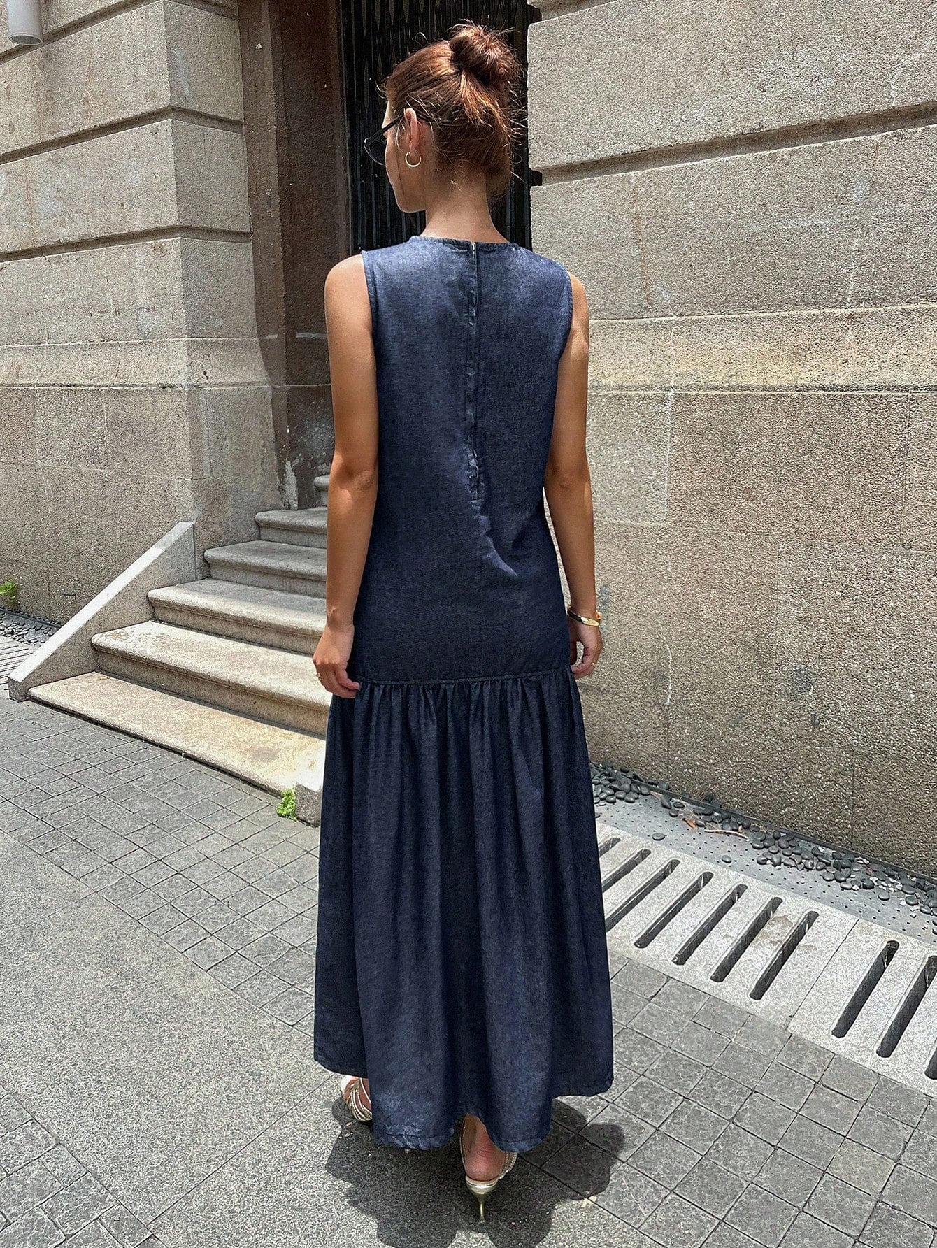 CM-DS180033 Women Casual Seoul Style Round Neck Sleeveless Long Dress - Blue