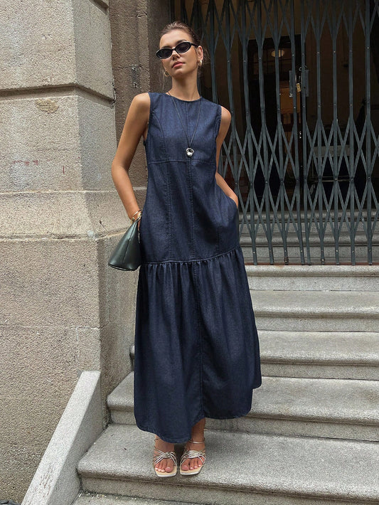CM-DS180033 Women Casual Seoul Style Round Neck Sleeveless Long Dress - Blue
