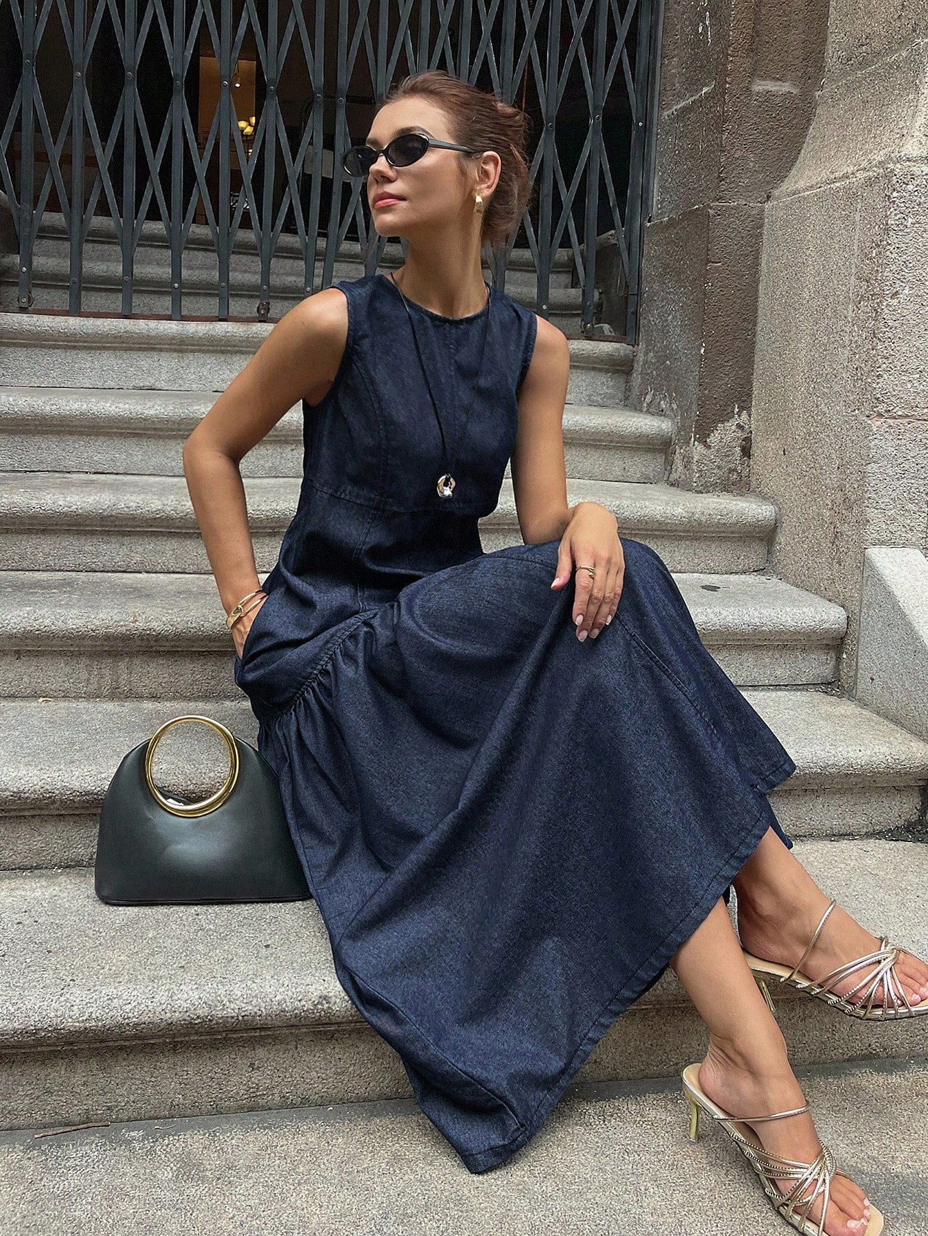 CM-DS180033 Women Casual Seoul Style Round Neck Sleeveless Long Dress - Blue