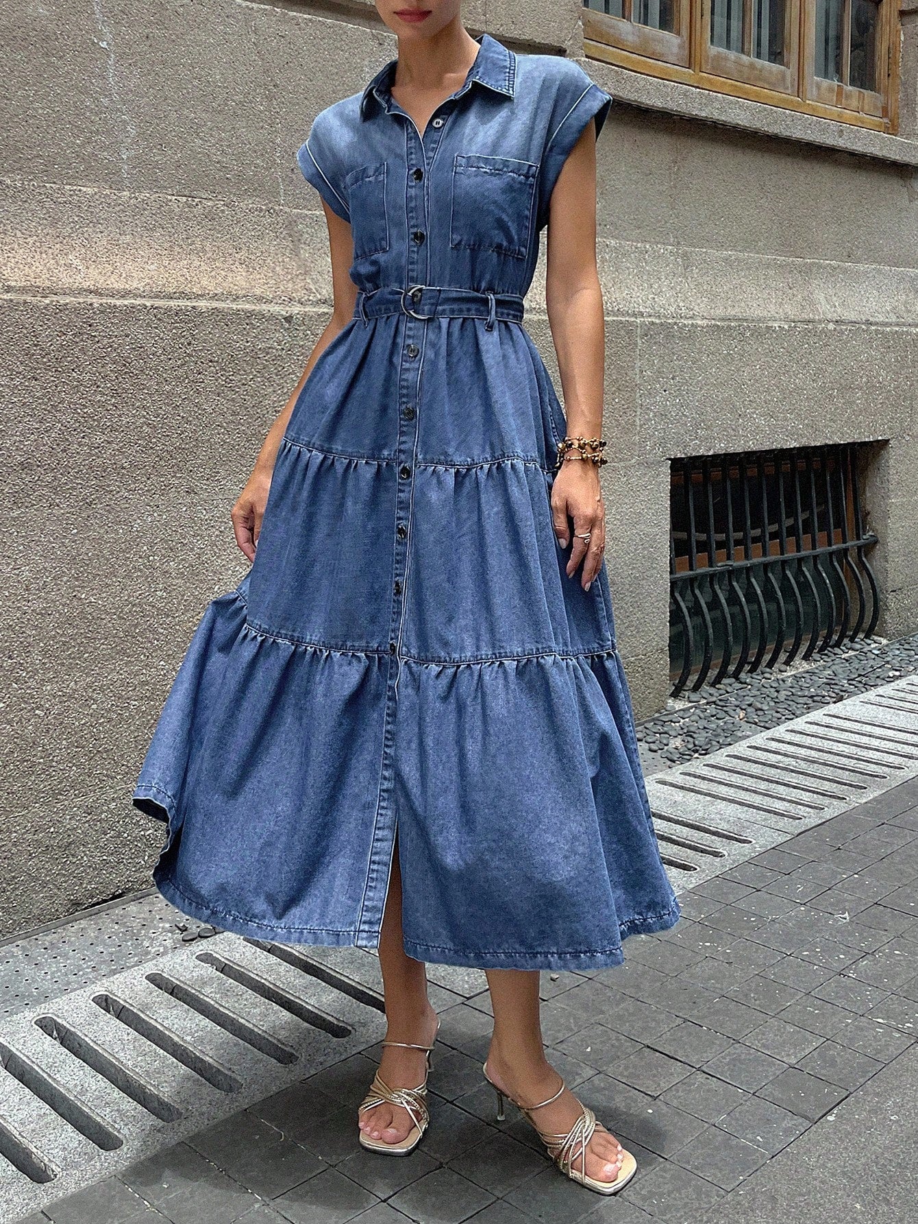 CM-DS176288 Women Casual Seoul Style Collar Neckline Sleeveless Front Button Tiered Denim Midi Dress - Blue