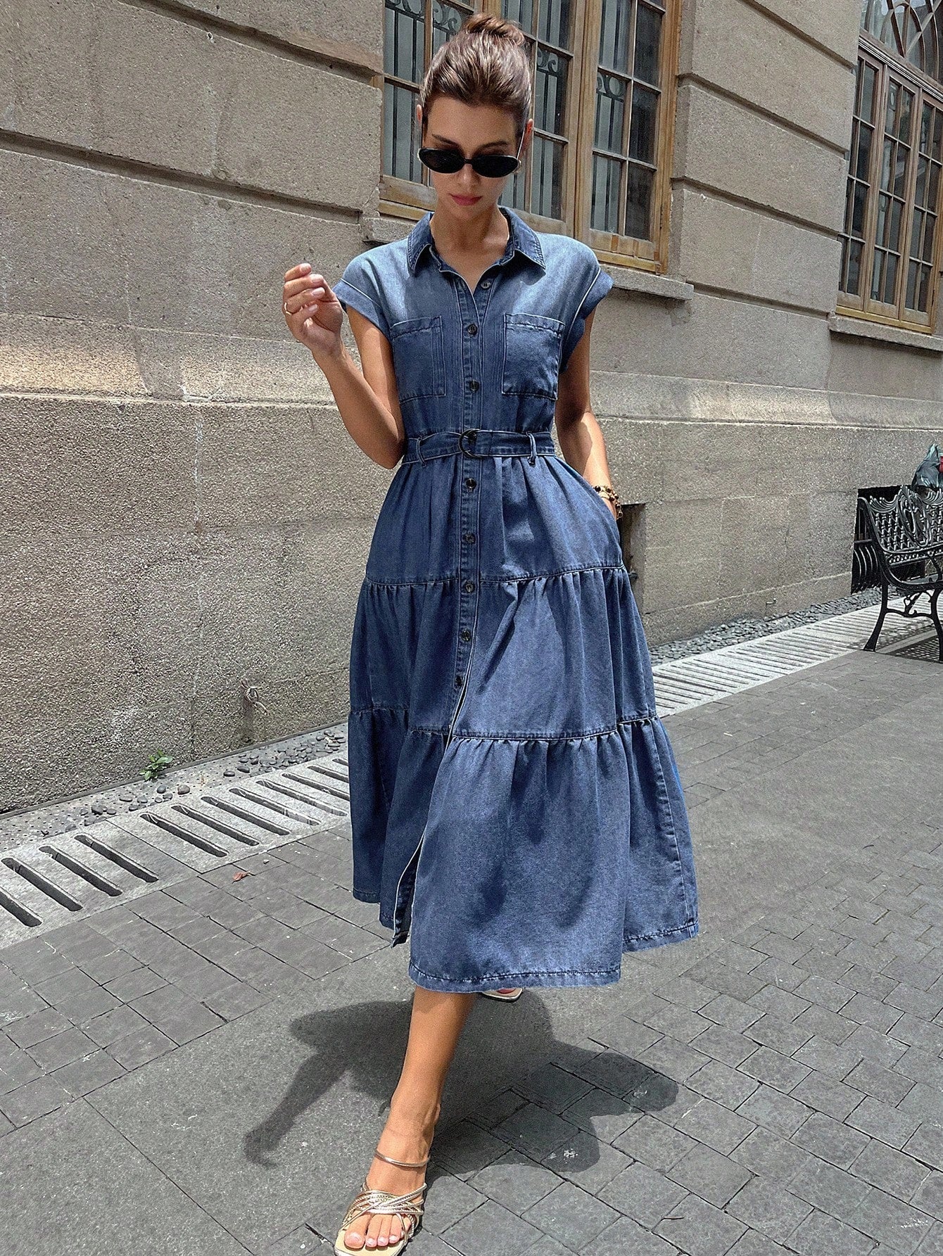 CM-DS176288 Women Casual Seoul Style Collar Neckline Sleeveless Front Button Tiered Denim Midi Dress - Blue