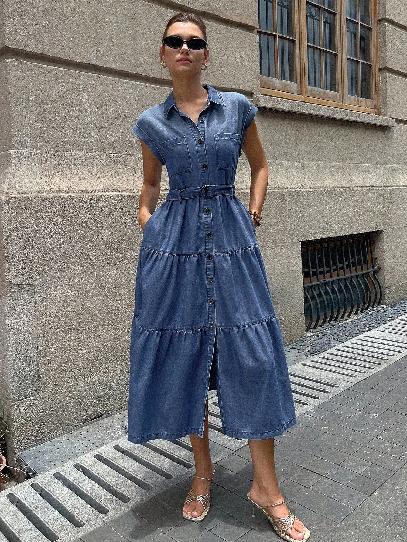CM-DS176288 Women Casual Seoul Style Collar Neckline Sleeveless Front Button Tiered Denim Midi Dress - Blue