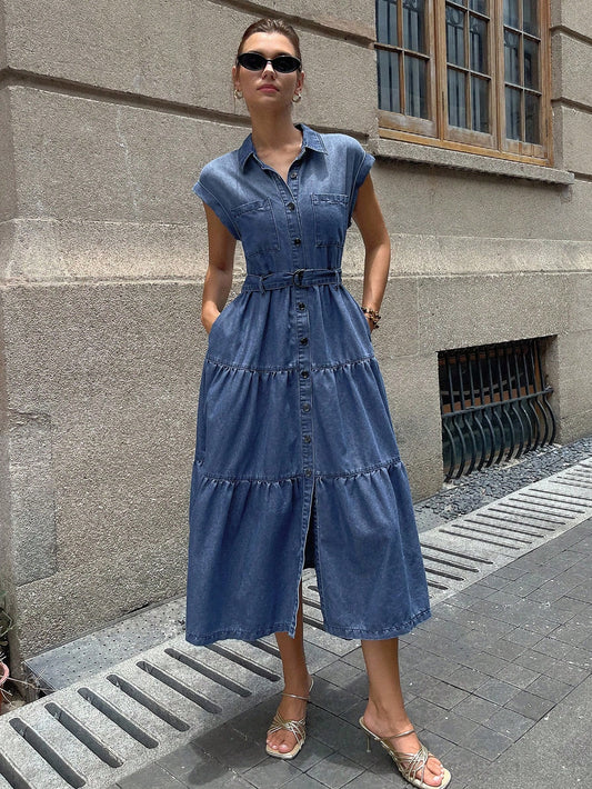 CM-DS176288 Women Casual Seoul Style Collar Neckline Sleeveless Front Button Tiered Denim Midi Dress - Blue