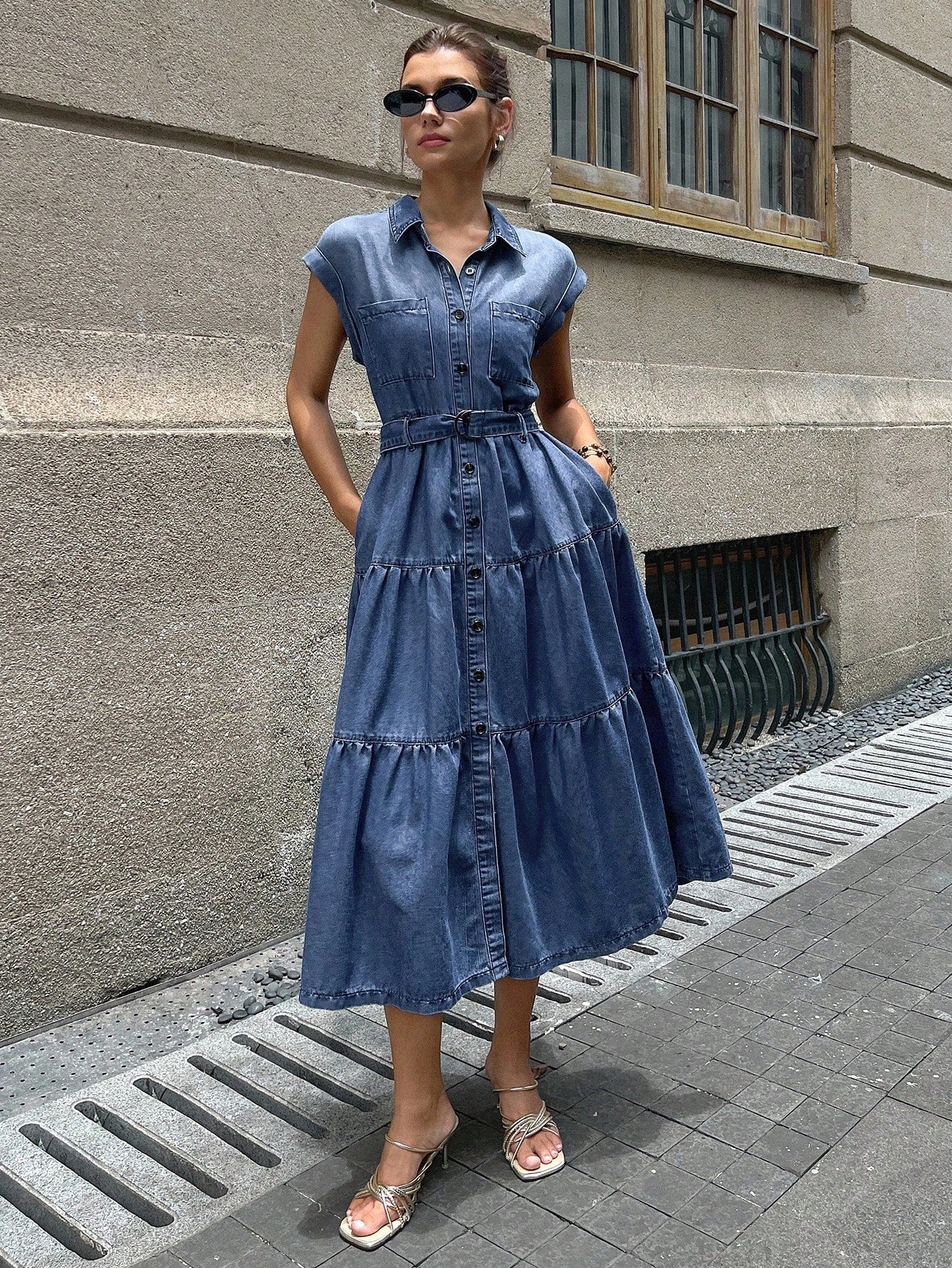CM-DS176288 Women Casual Seoul Style Collar Neckline Sleeveless Front Button Tiered Denim Midi Dress - Blue