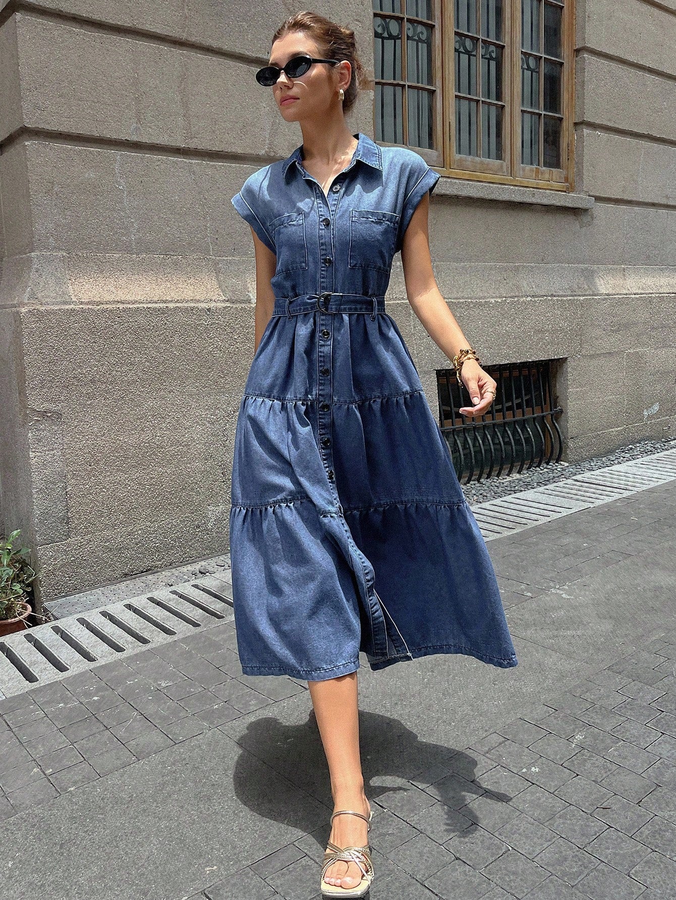 CM-DS176288 Women Casual Seoul Style Collar Neckline Sleeveless Front Button Tiered Denim Midi Dress - Blue