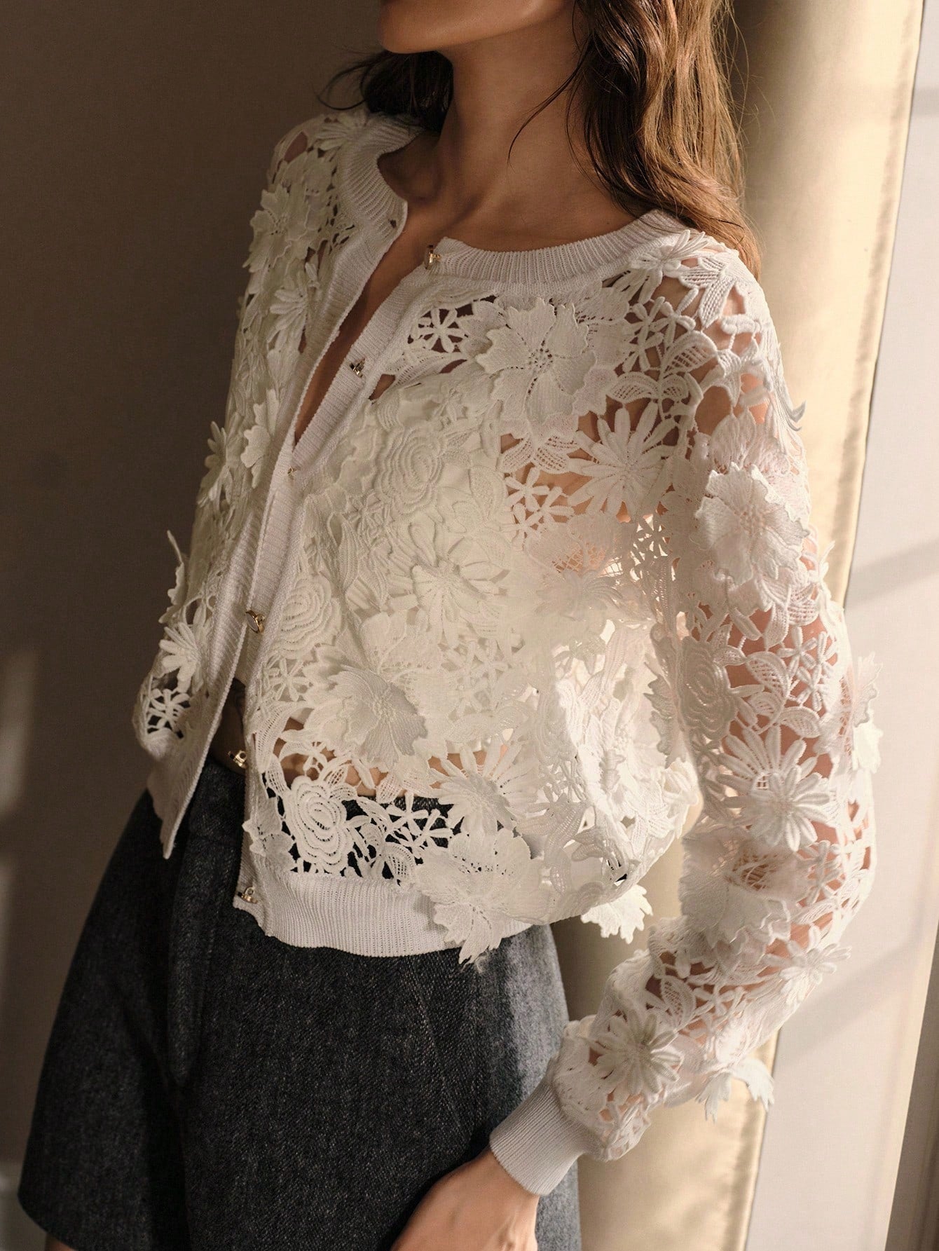 CM-CS993964 Women Elegant Seoul Style Guipure Lace Round Neck Long Sleeve Button Up Cardigan - White