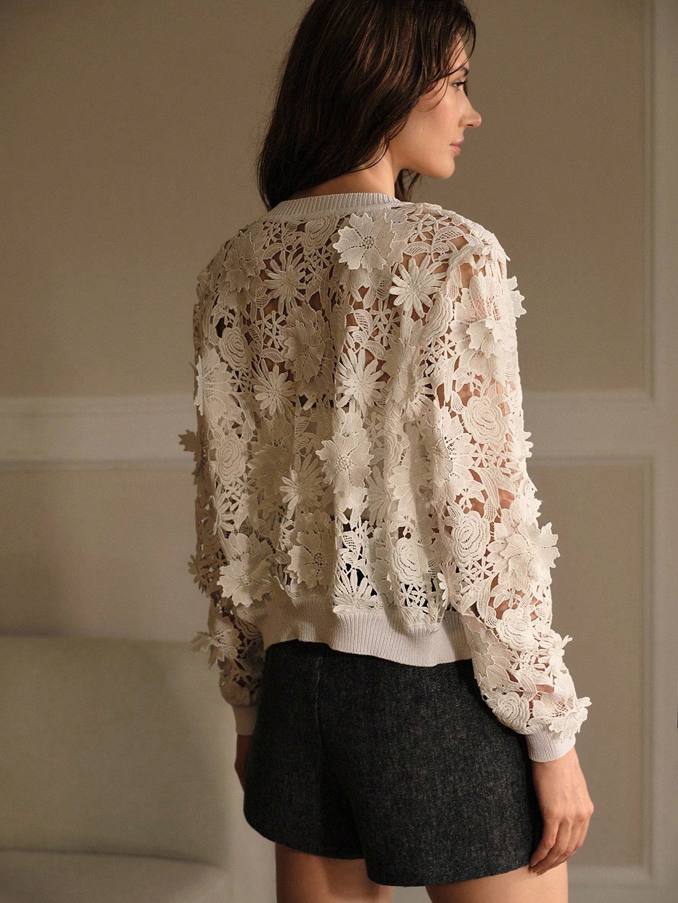 CM-CS993964 Women Elegant Seoul Style Guipure Lace Round Neck Long Sleeve Button Up Cardigan - White