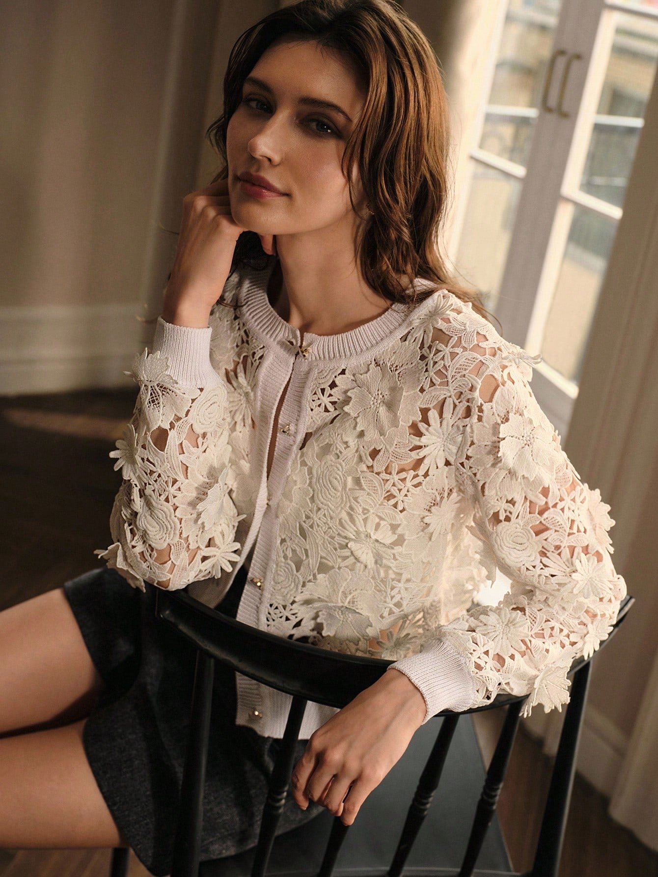 CM-CS993964 Women Elegant Seoul Style Guipure Lace Round Neck Long Sleeve Button Up Cardigan - White