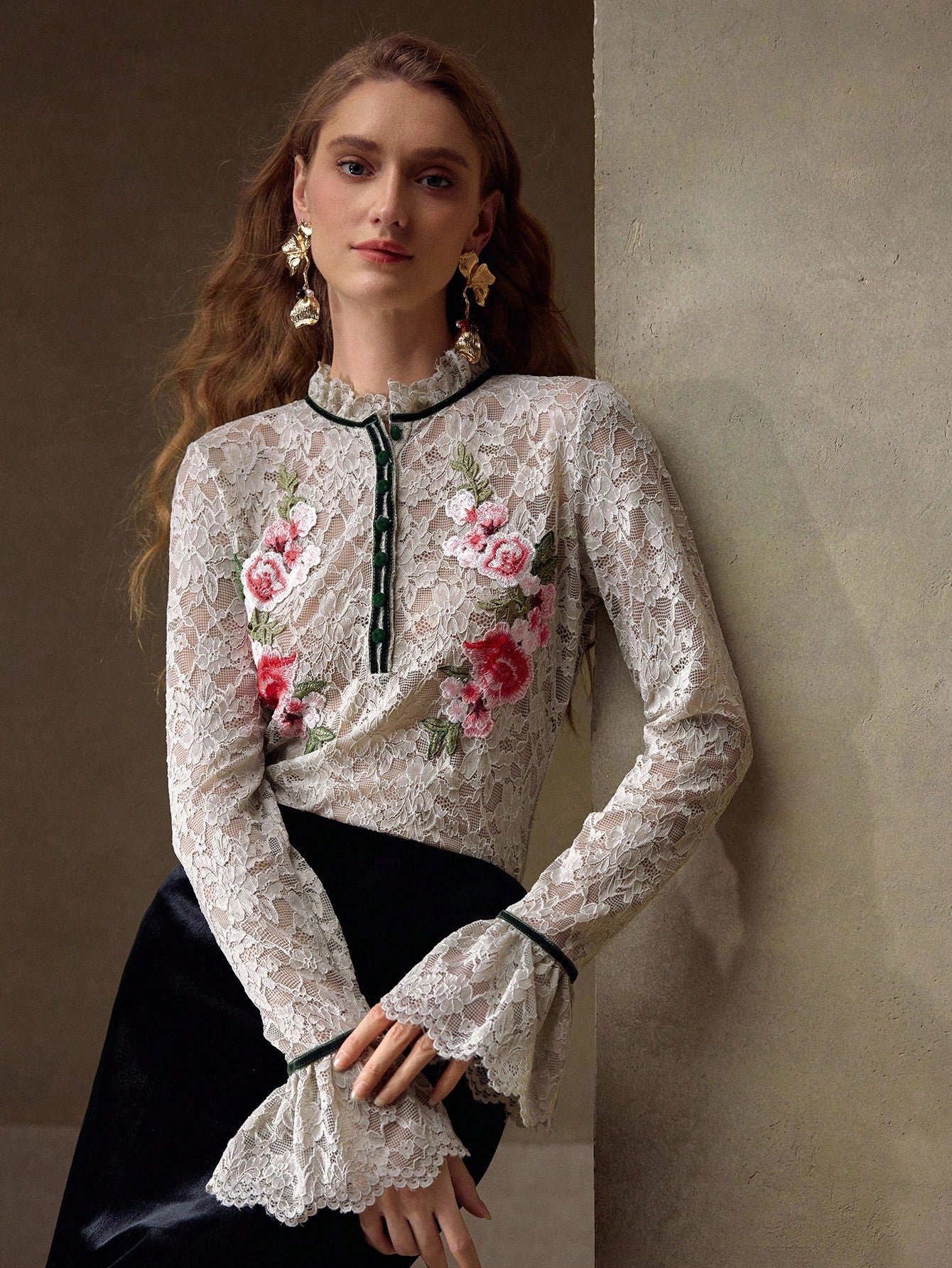 CM-TS535103 Women Elegant Seoul Style Embroidery Floral Appliques Flare Sleeve Contrast Lace Semi-Sheer Blouse