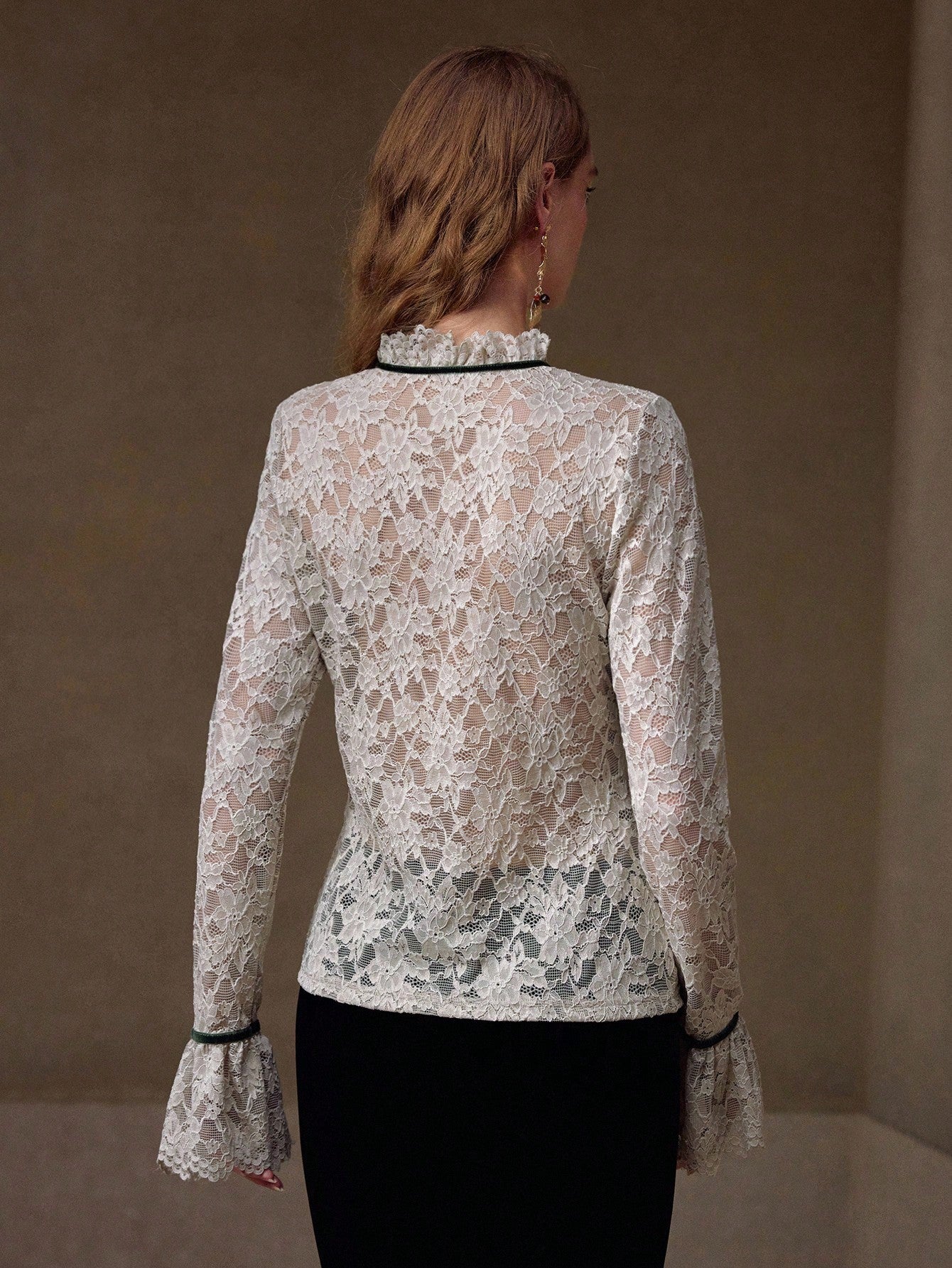 CM-TS535103 Women Elegant Seoul Style Embroidery Floral Appliques Flare Sleeve Contrast Lace Semi-Sheer Blouse