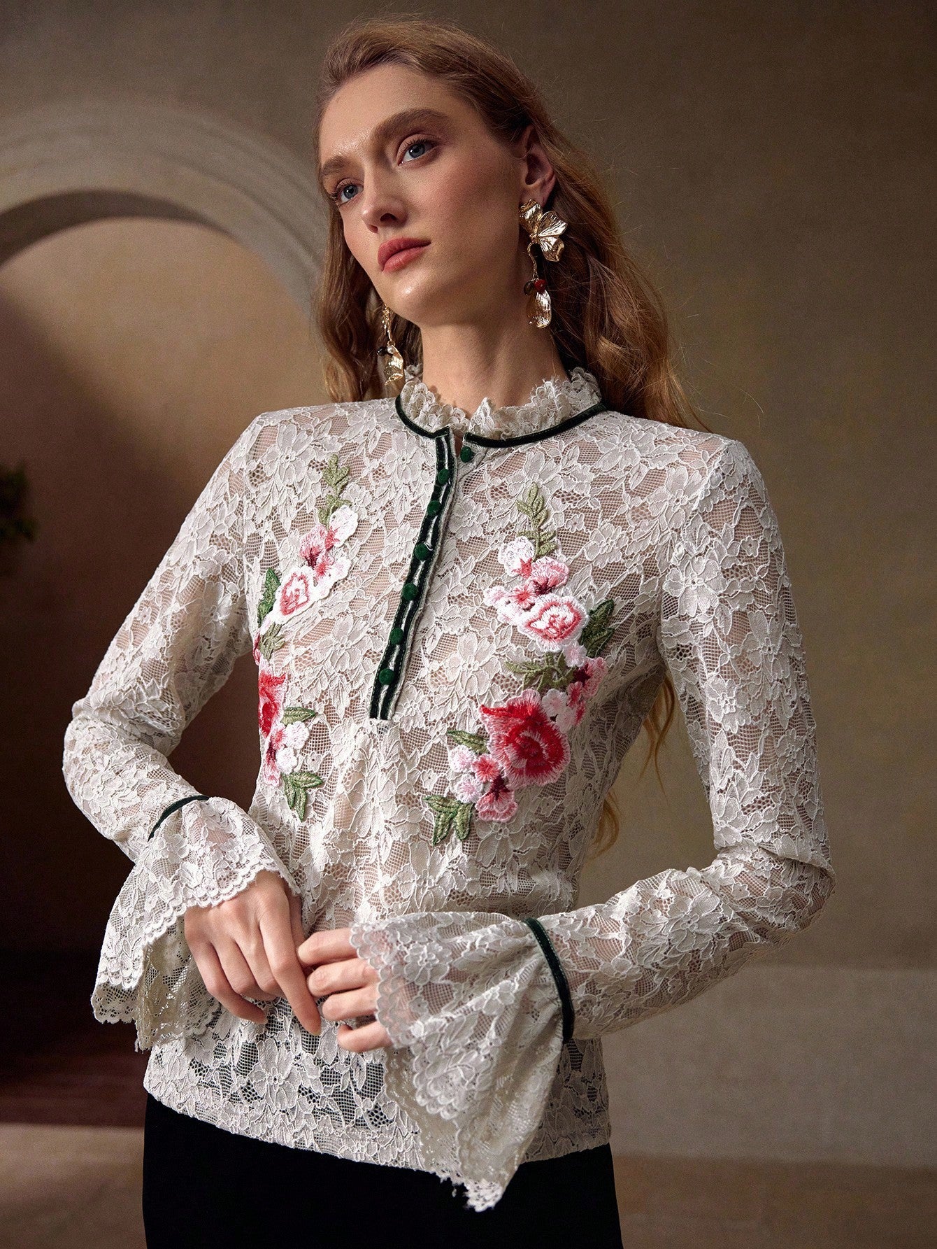 CM-TS535103 Women Elegant Seoul Style Embroidery Floral Appliques Flare Sleeve Contrast Lace Semi-Sheer Blouse
