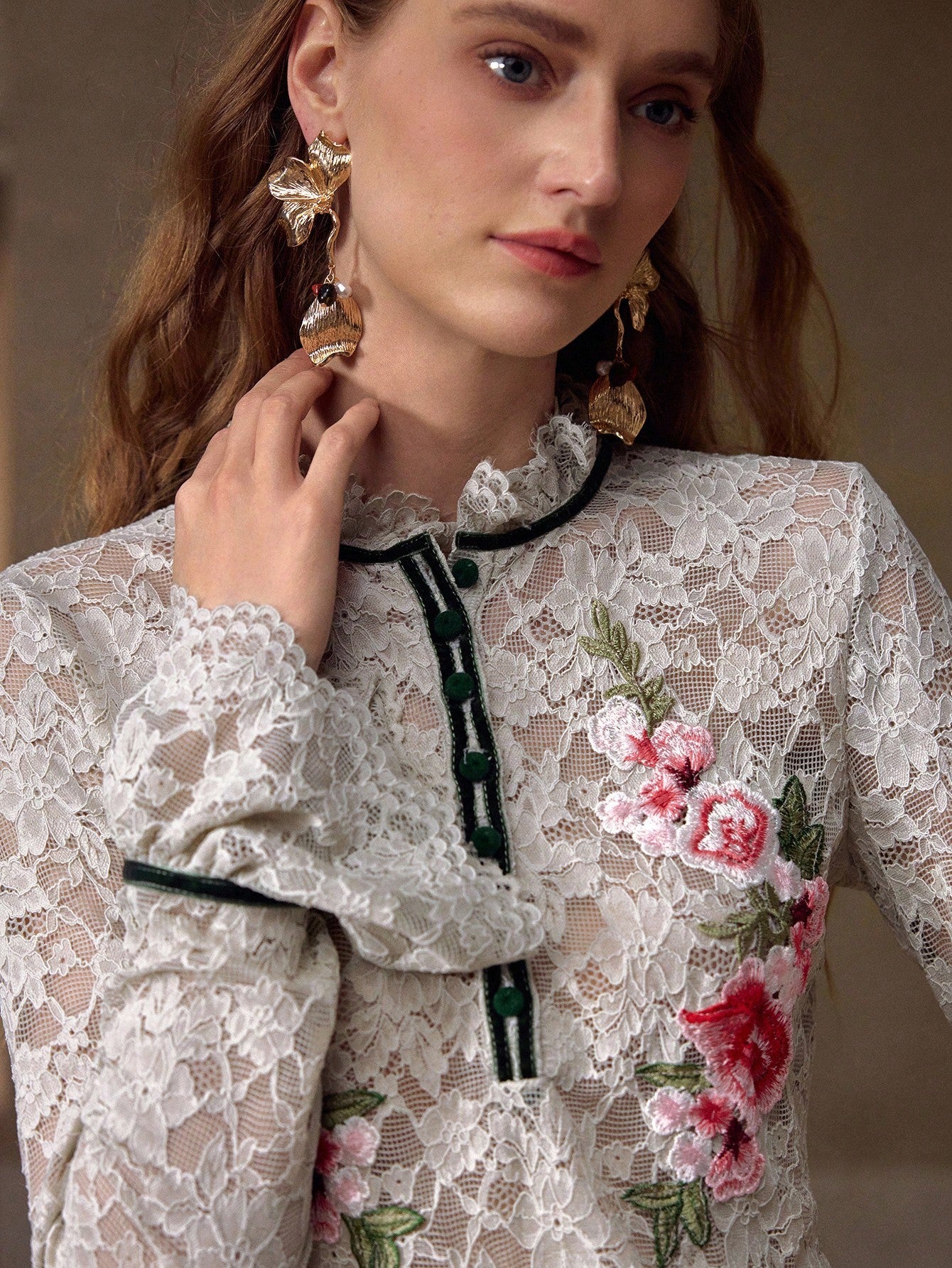 CM-TS535103 Women Elegant Seoul Style Embroidery Floral Appliques Flare Sleeve Contrast Lace Semi-Sheer Blouse