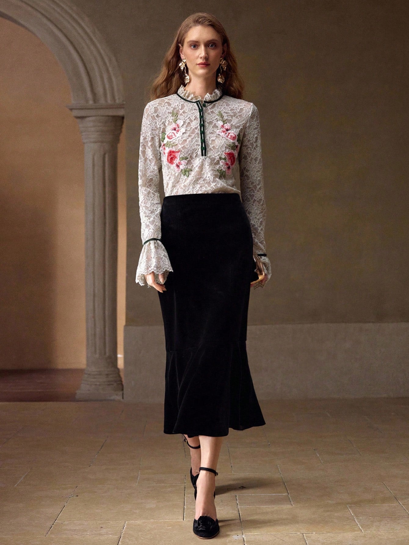 CM-TS535103 Women Elegant Seoul Style Embroidery Floral Appliques Flare Sleeve Contrast Lace Semi-Sheer Blouse