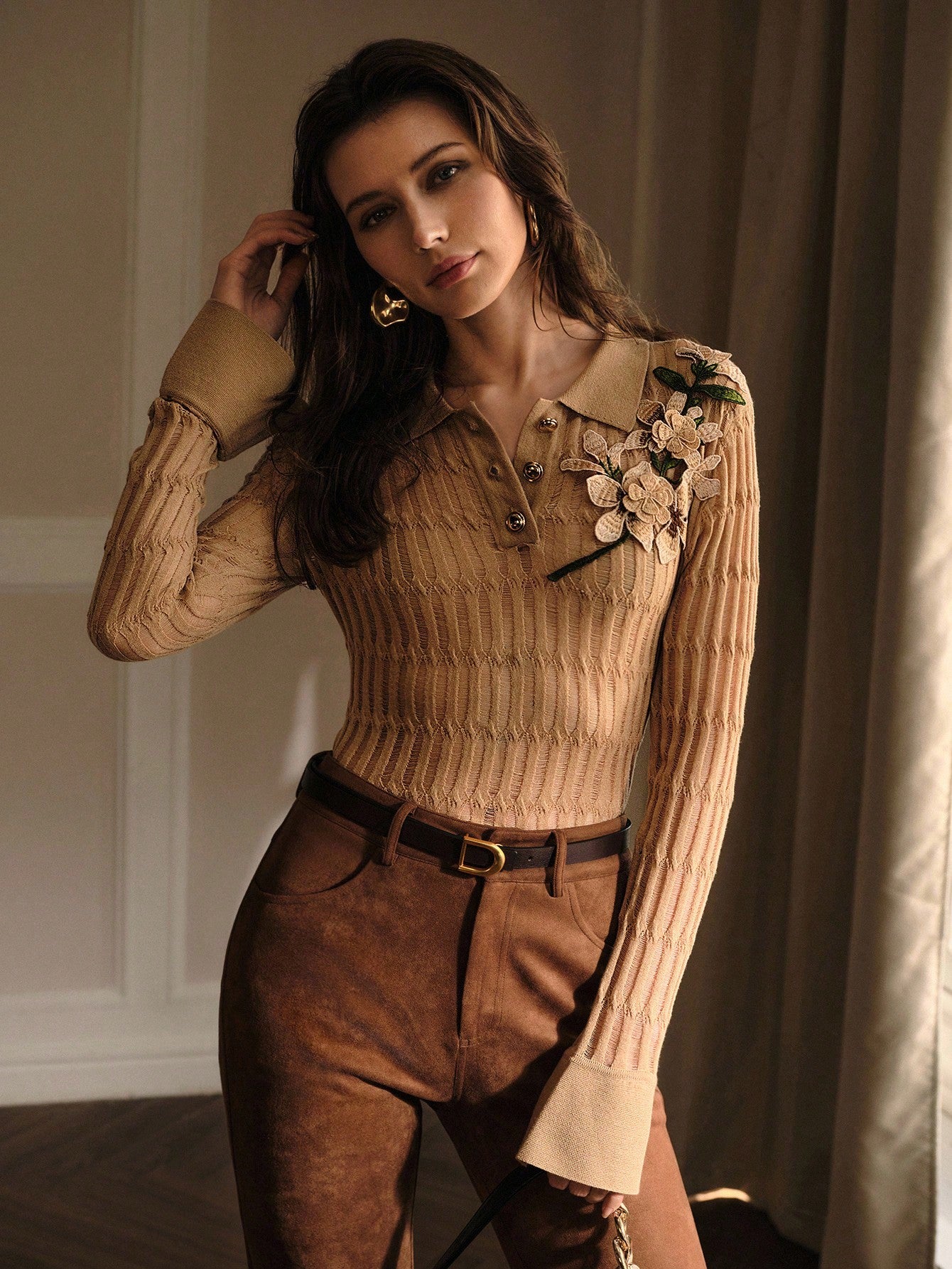 CM-CS898919 Women Elegant Seoul Style Appliques Polo Collar Long Sleeve Slim Fit Knit Sweater - Khaki