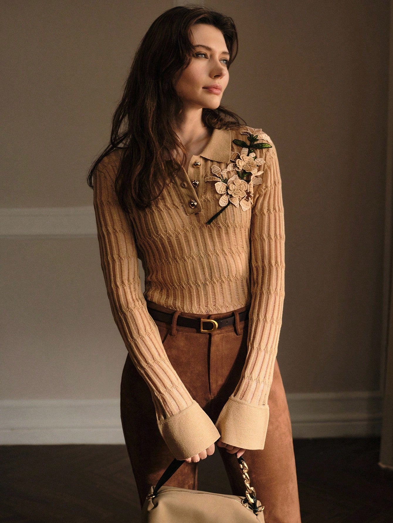 CM-CS898919 Women Elegant Seoul Style Appliques Polo Collar Long Sleeve Slim Fit Knit Sweater - Khaki