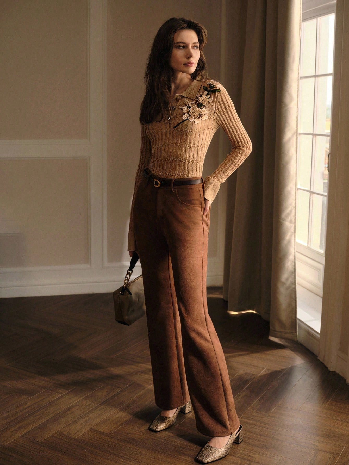 CM-CS898919 Women Elegant Seoul Style Appliques Polo Collar Long Sleeve Slim Fit Knit Sweater - Khaki