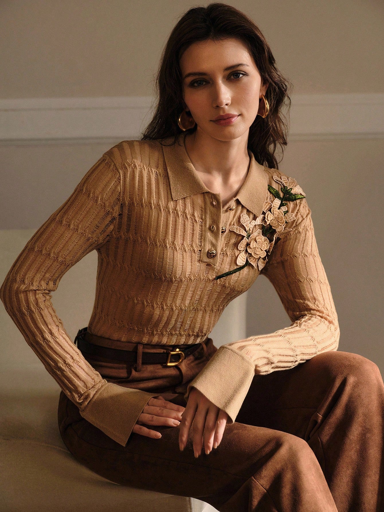 CM-CS898919 Women Elegant Seoul Style Appliques Polo Collar Long Sleeve Slim Fit Knit Sweater - Khaki