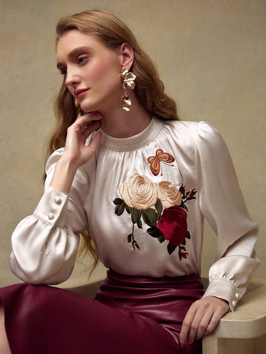 CM-TS874874 Women Elegant Seoul Style Stand Collar Long Sleeve Embroidery Floral Butterfly Gathered Blouse