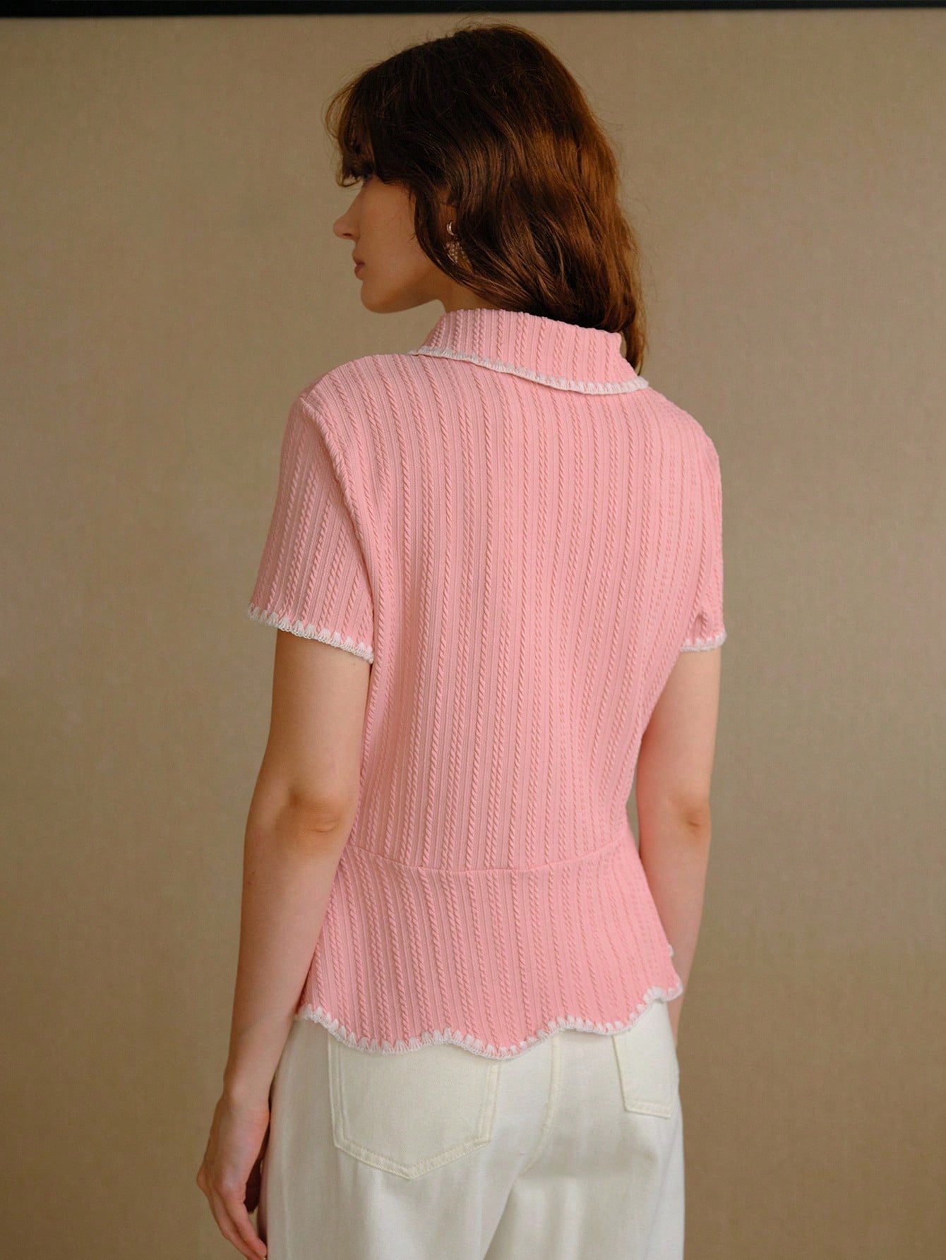 CM-TS288212 Women Elegant Seoul Style Collar Neckline Short Sleeve Metal Bow DetailTextured Knit Peplum Blouse - Pink