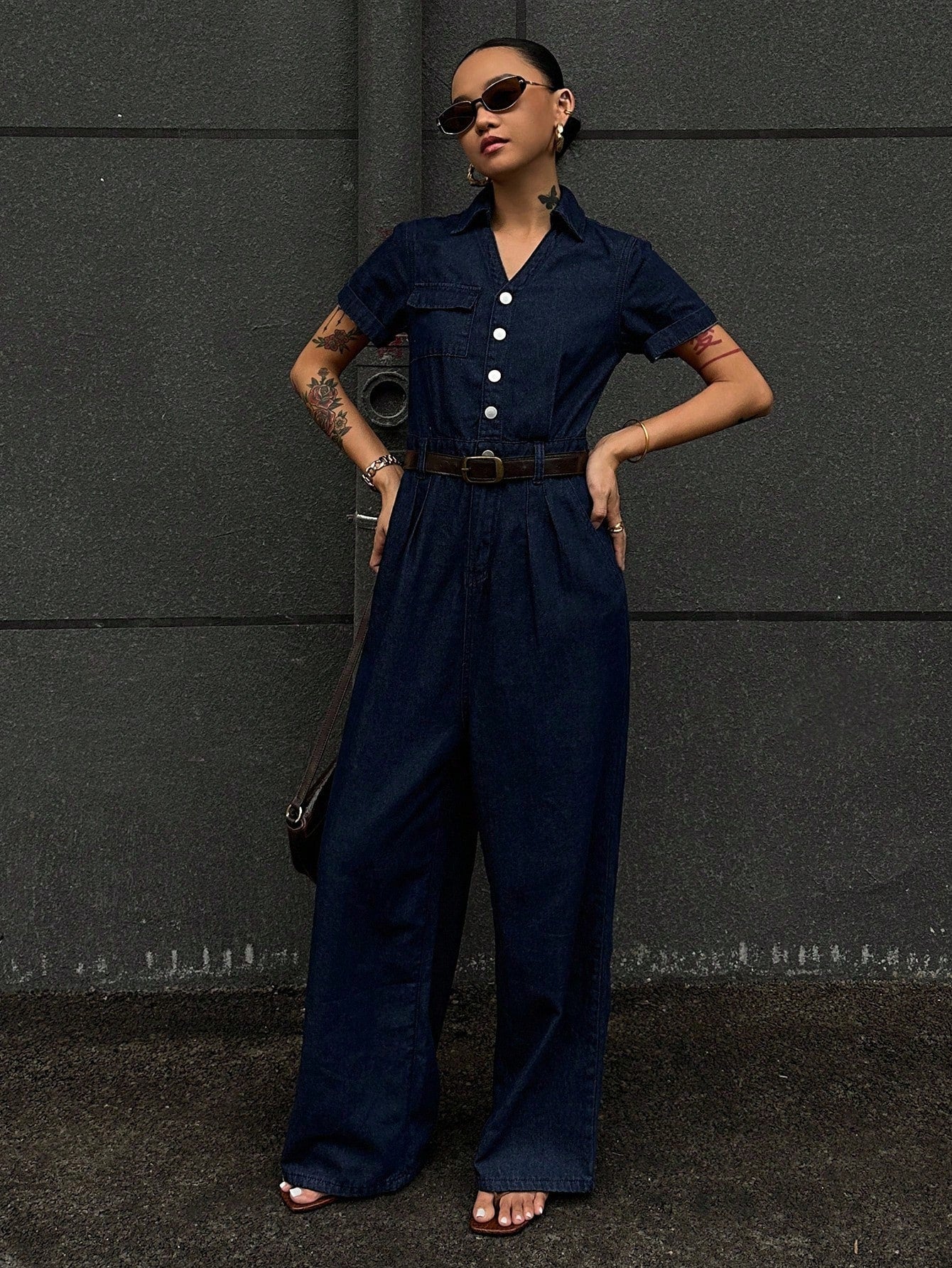 CM-JS974741 Women Casual Seoul Style Dark Wash Collar Neckline Waist Cinched Short Sleeve Extra Long Denim Jumpsuit