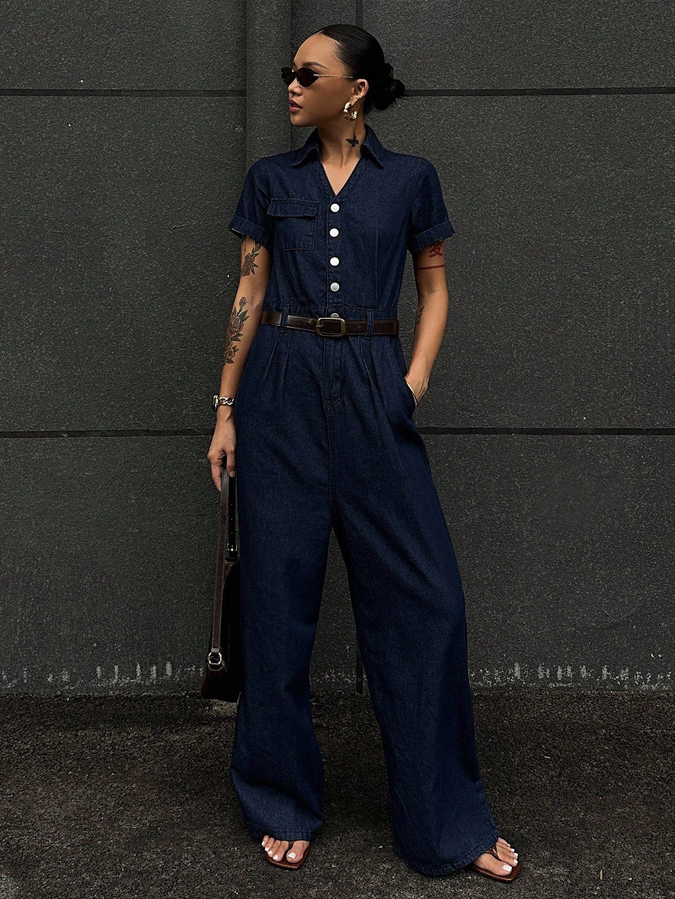 CM-JS974741 Women Casual Seoul Style Dark Wash Collar Neckline Waist Cinched Short Sleeve Extra Long Denim Jumpsuit