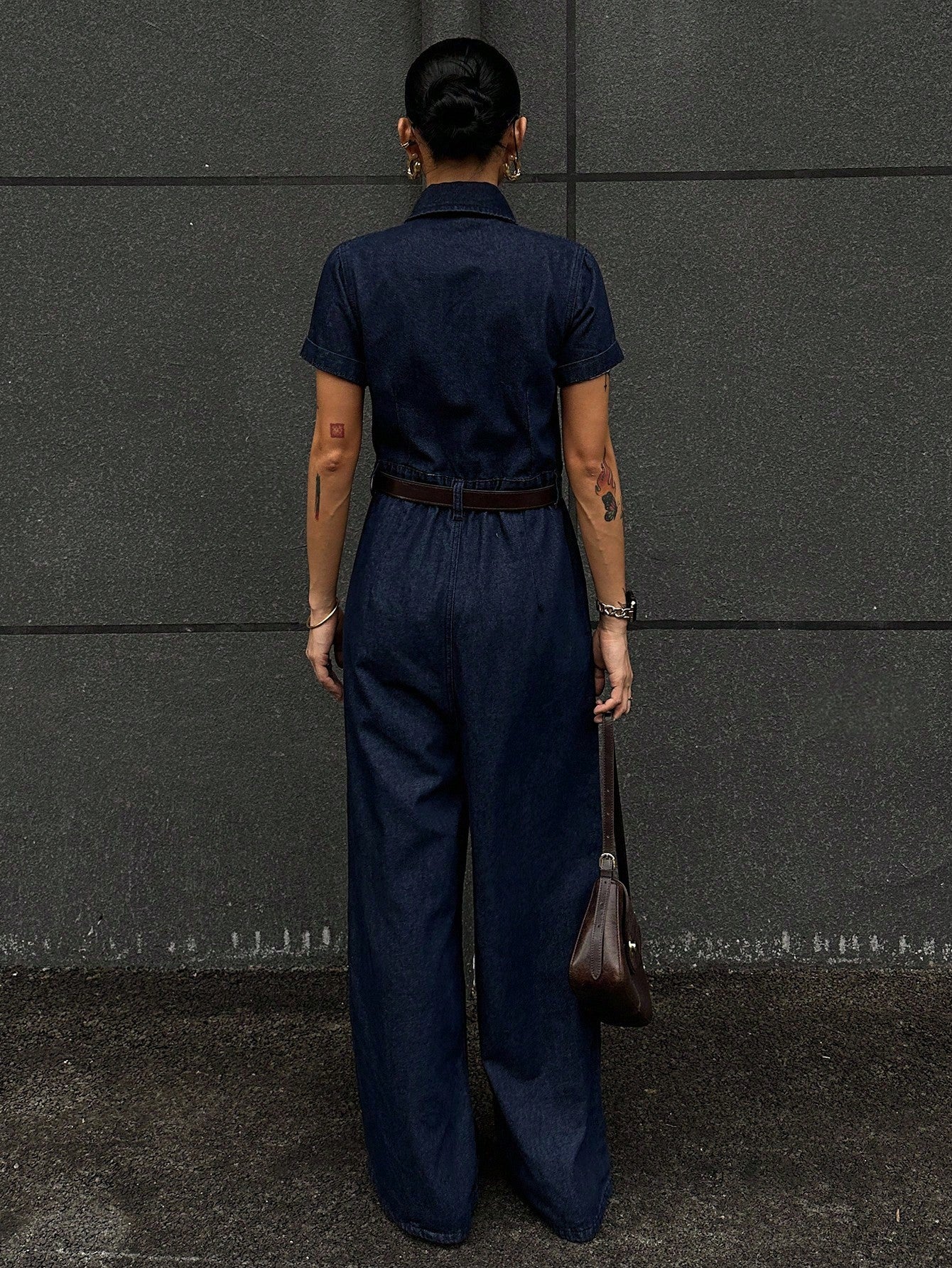 CM-JS974741 Women Casual Seoul Style Dark Wash Collar Neckline Waist Cinched Short Sleeve Extra Long Denim Jumpsuit