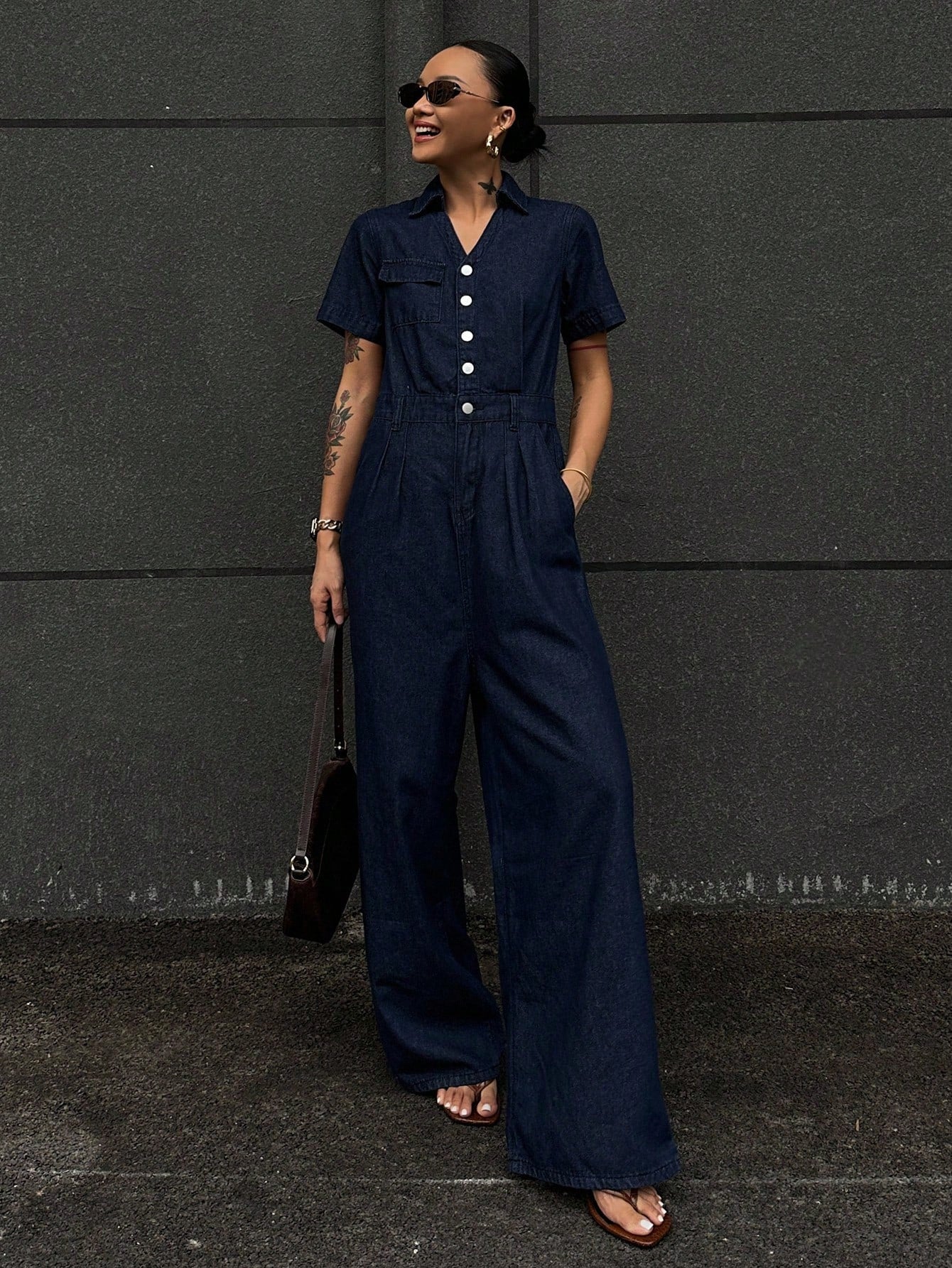 CM-JS974741 Women Casual Seoul Style Dark Wash Collar Neckline Waist Cinched Short Sleeve Extra Long Denim Jumpsuit