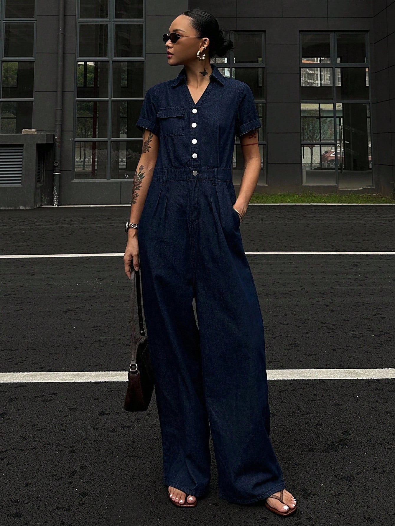 CM-JS974741 Women Casual Seoul Style Dark Wash Collar Neckline Waist Cinched Short Sleeve Extra Long Denim Jumpsuit