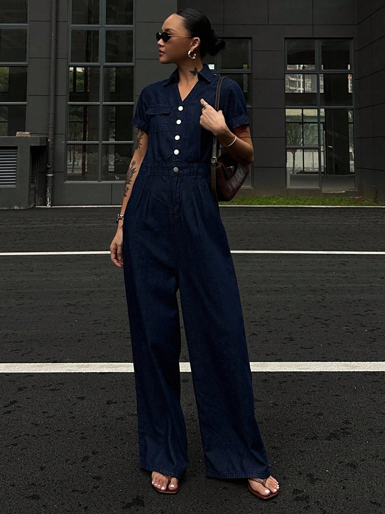 CM-JS974741 Women Casual Seoul Style Dark Wash Collar Neckline Waist Cinched Short Sleeve Extra Long Denim Jumpsuit