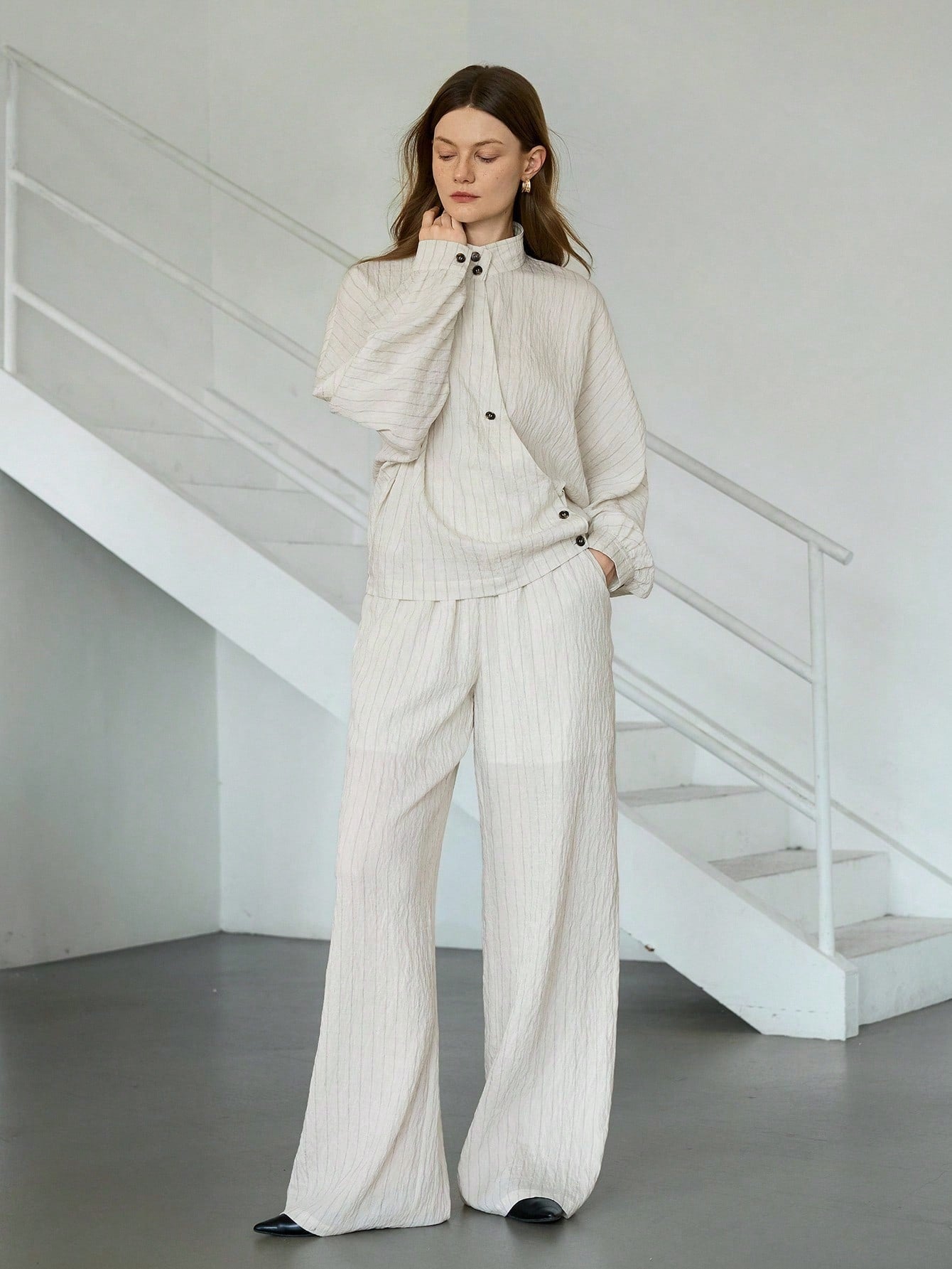 CM-SS324884 Women Casual Seoul Style Oblique Placket Waist Cross Stripe Cardigan With Straight Leg Pants - Set