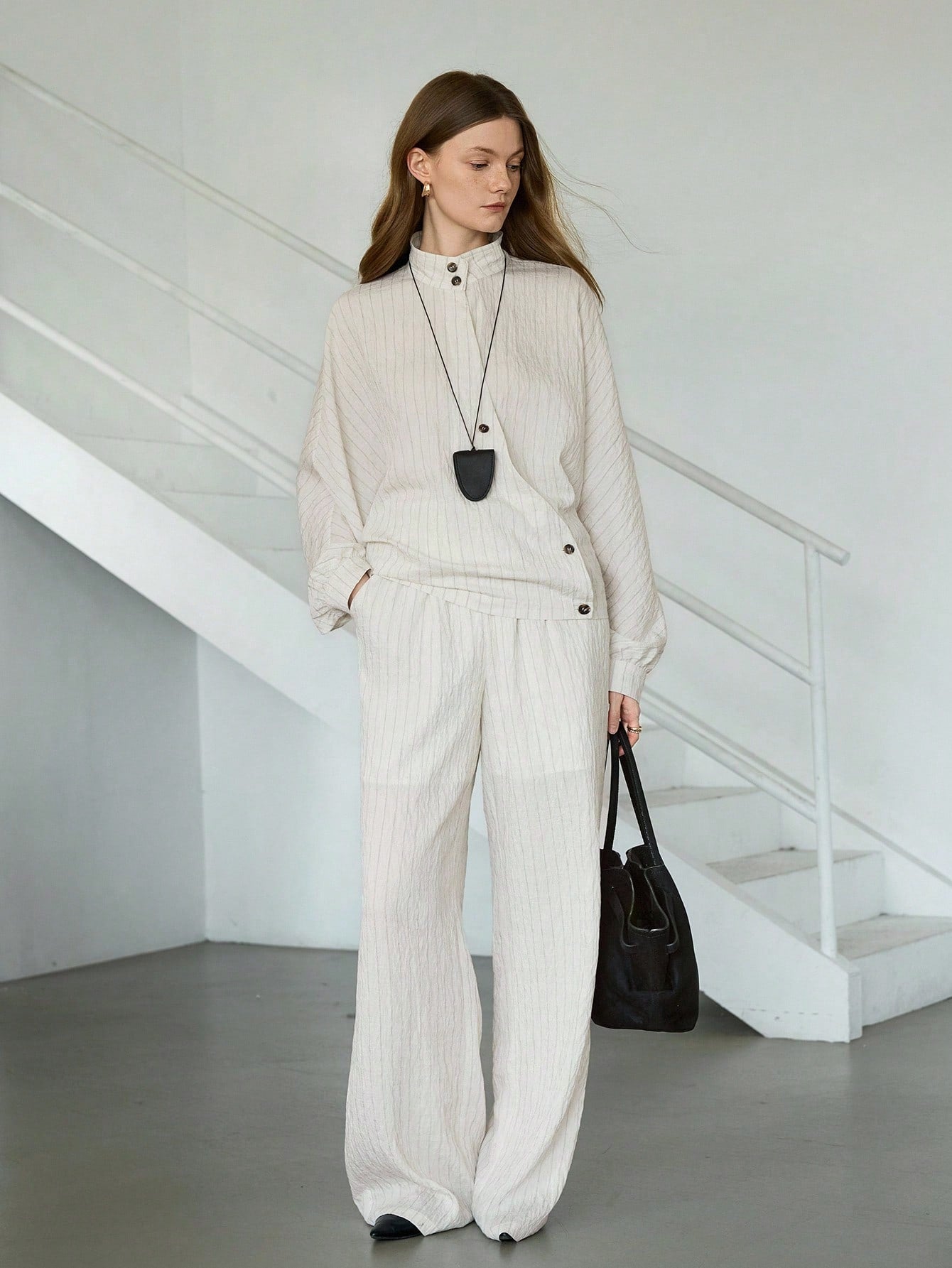 CM-SS324884 Women Casual Seoul Style Oblique Placket Waist Cross Stripe Cardigan With Straight Leg Pants - Set