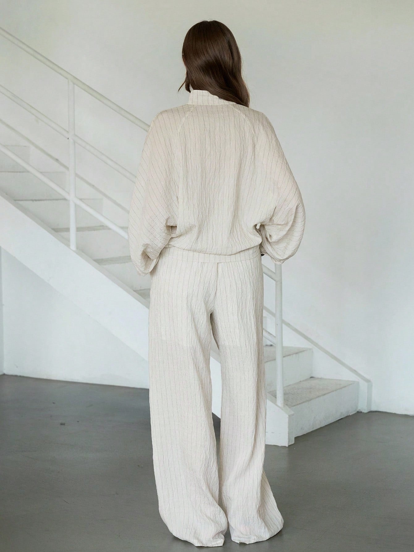 CM-SS324884 Women Casual Seoul Style Oblique Placket Waist Cross Stripe Cardigan With Straight Leg Pants - Set